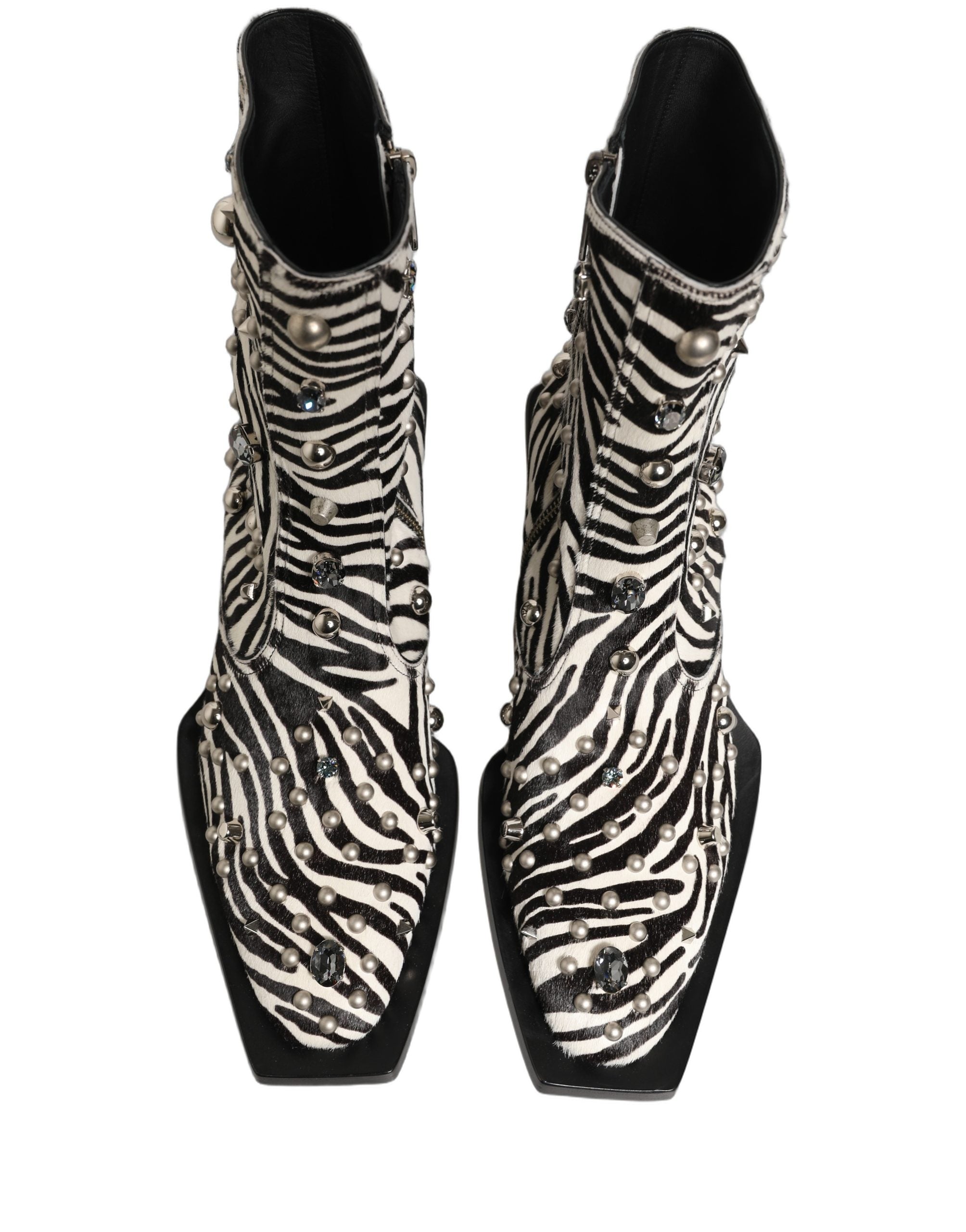 Black White Zebra Embellished Boots Shoes