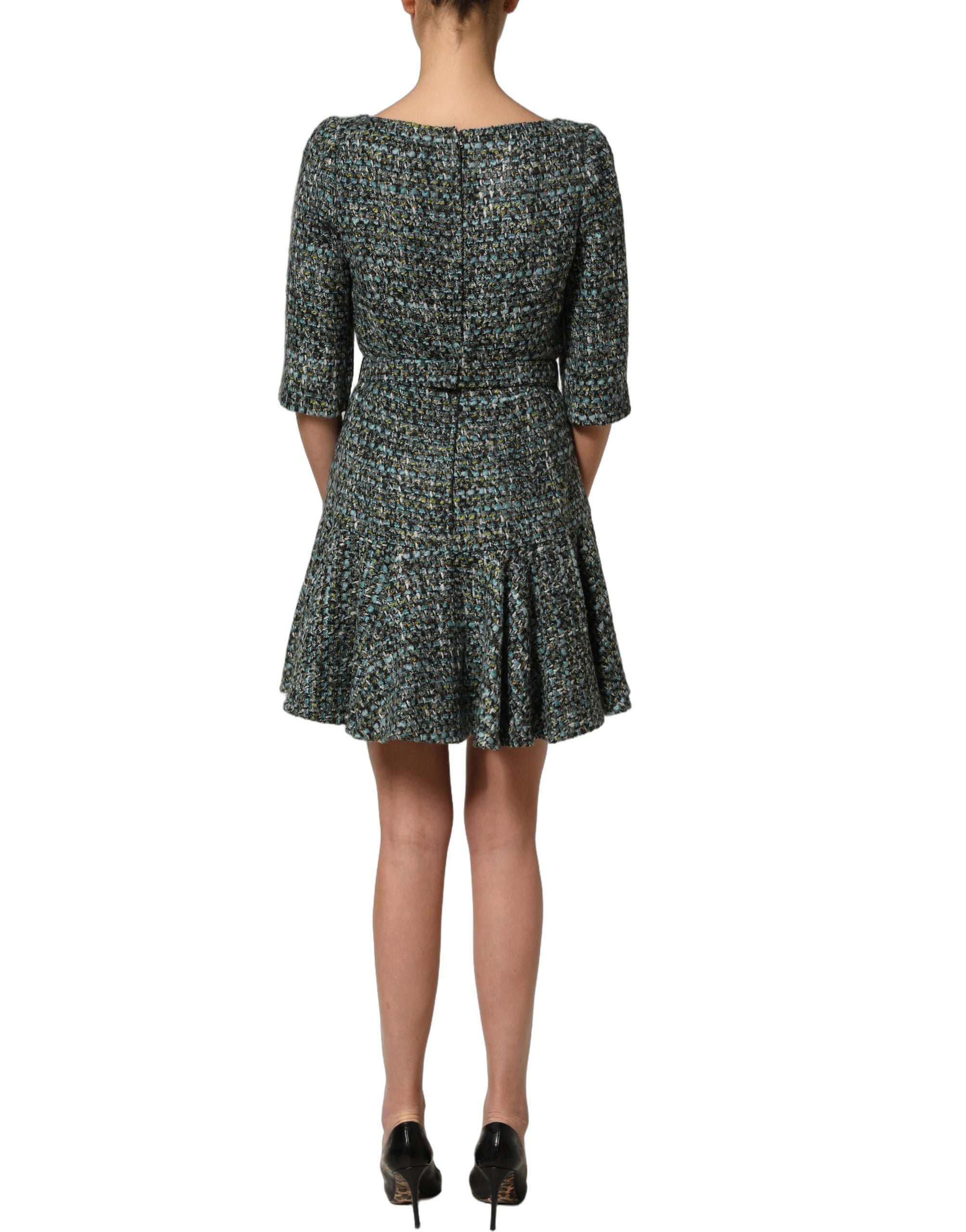 Multicolor Tweed Belted Babydoll Mini Dress