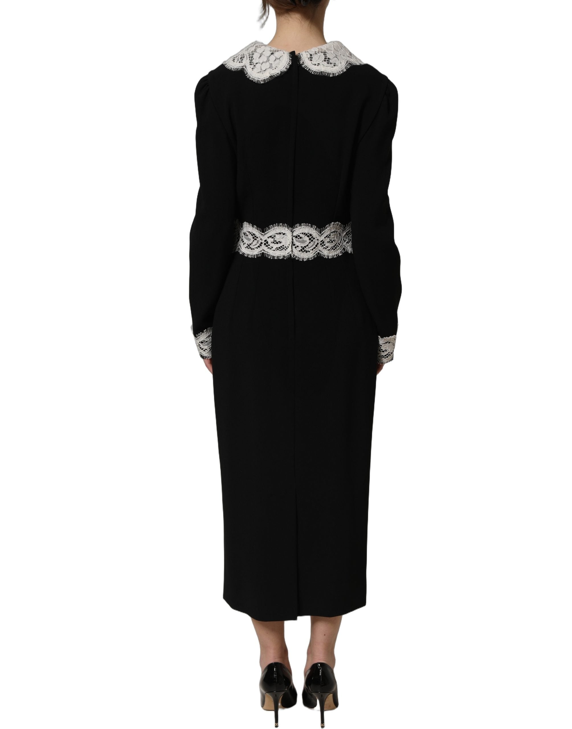 Black Lace Detailing Long Sleeves Midi Dress