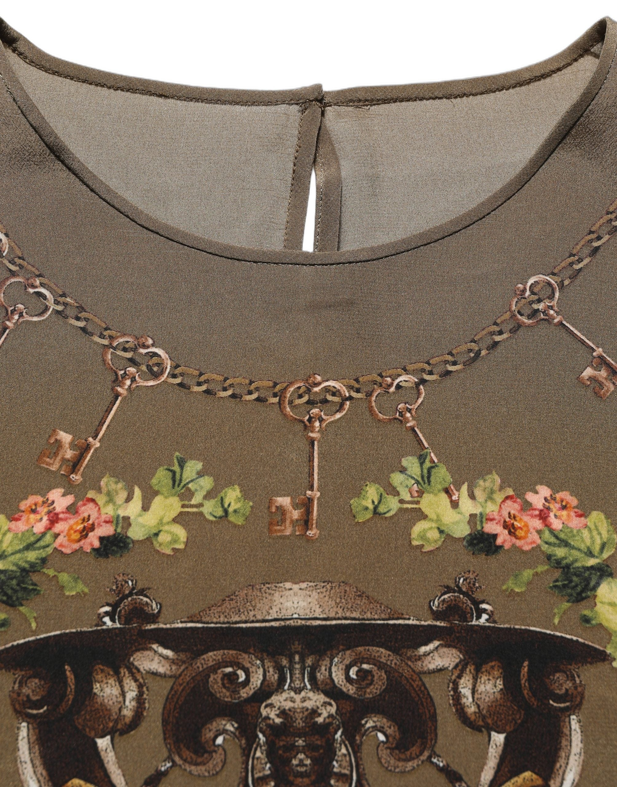 Brown Keys Roses Printed Silk Blouse Top