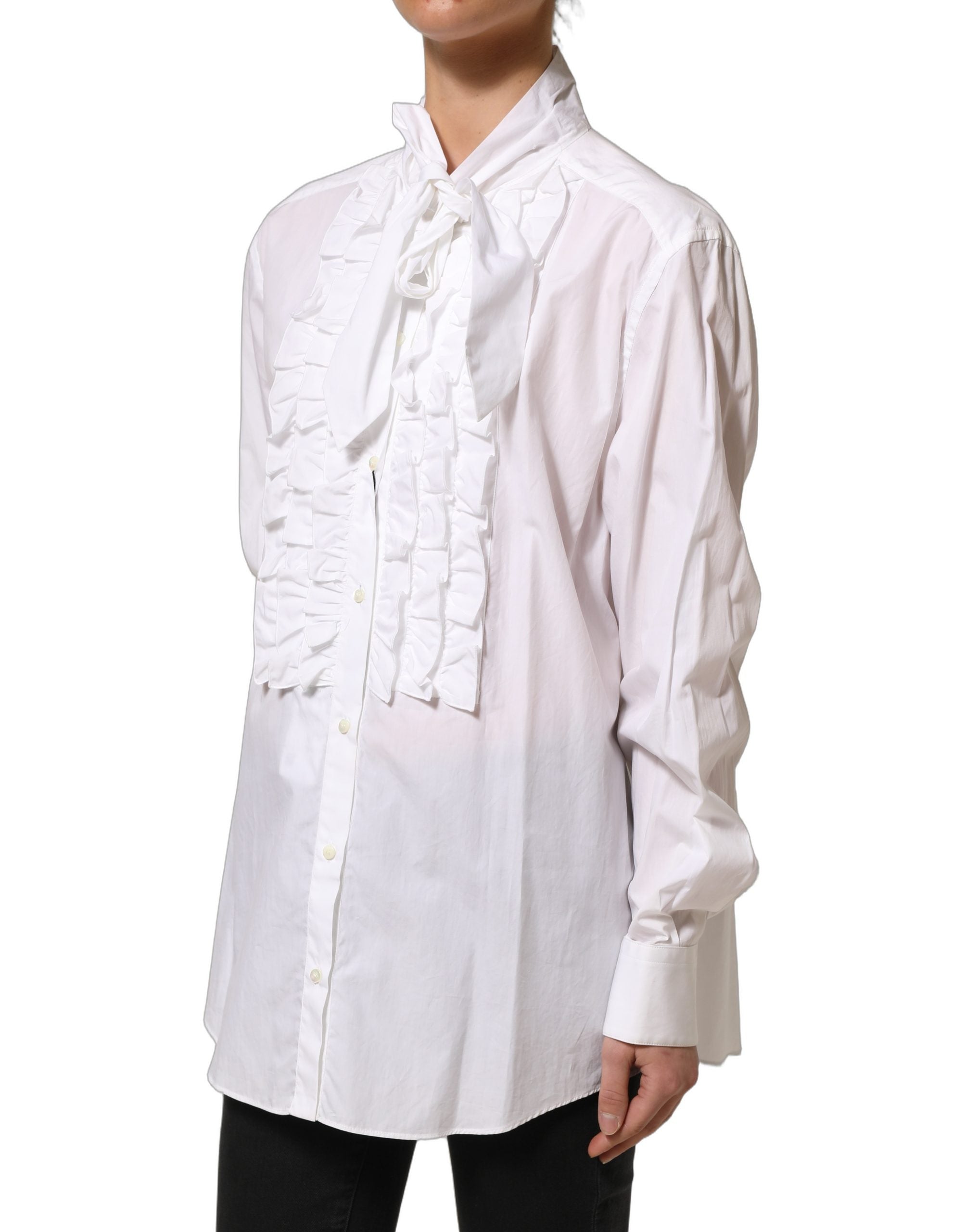 White Ruffled Bib Long Sleeves Blouse Top