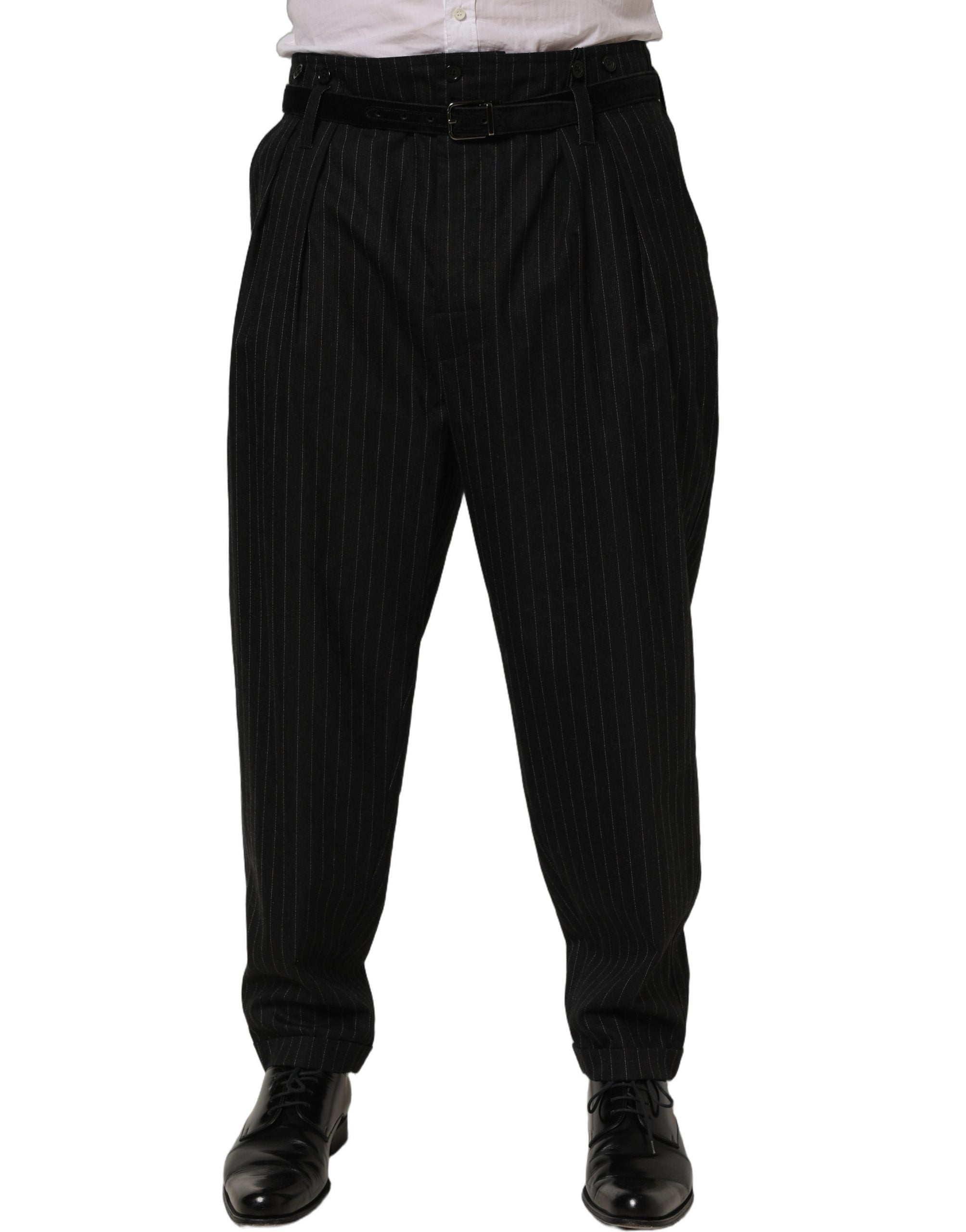 Black Pinstripe Wool Men Dress Trouser Pants