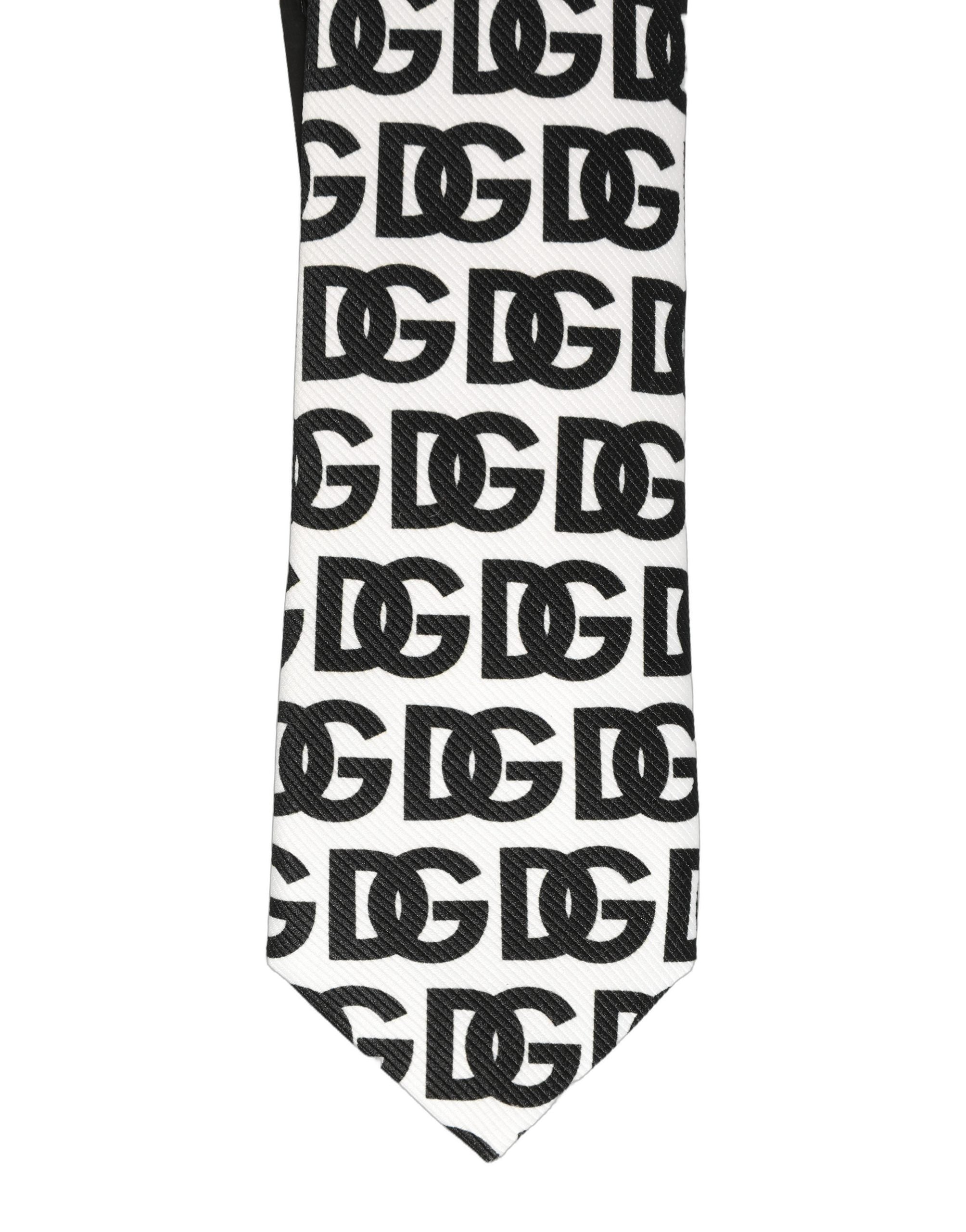 White Black Logo Monogram Wide Adjustable Men Necktie Tie