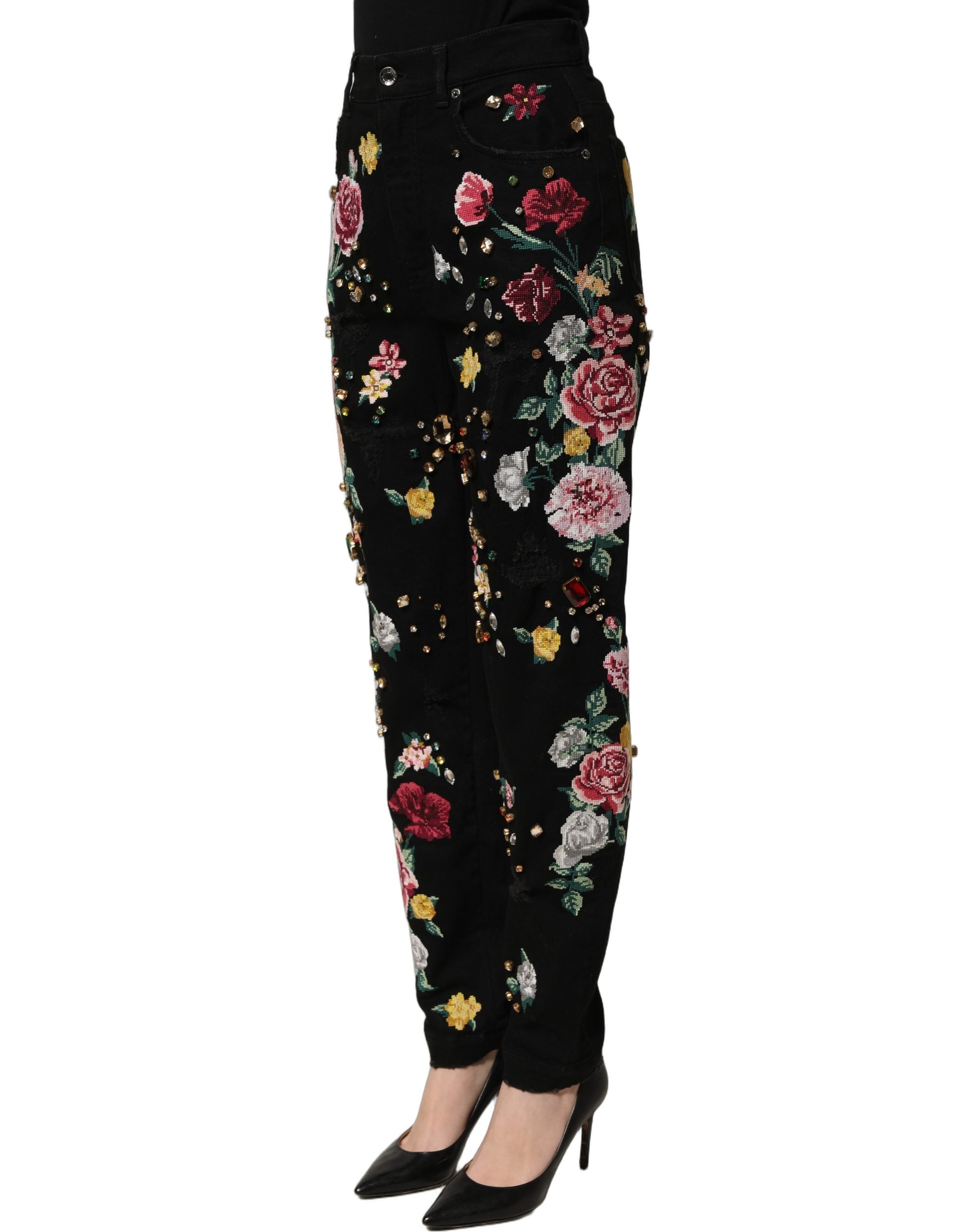 Black Floral Cotton High Waist Tapered Pants