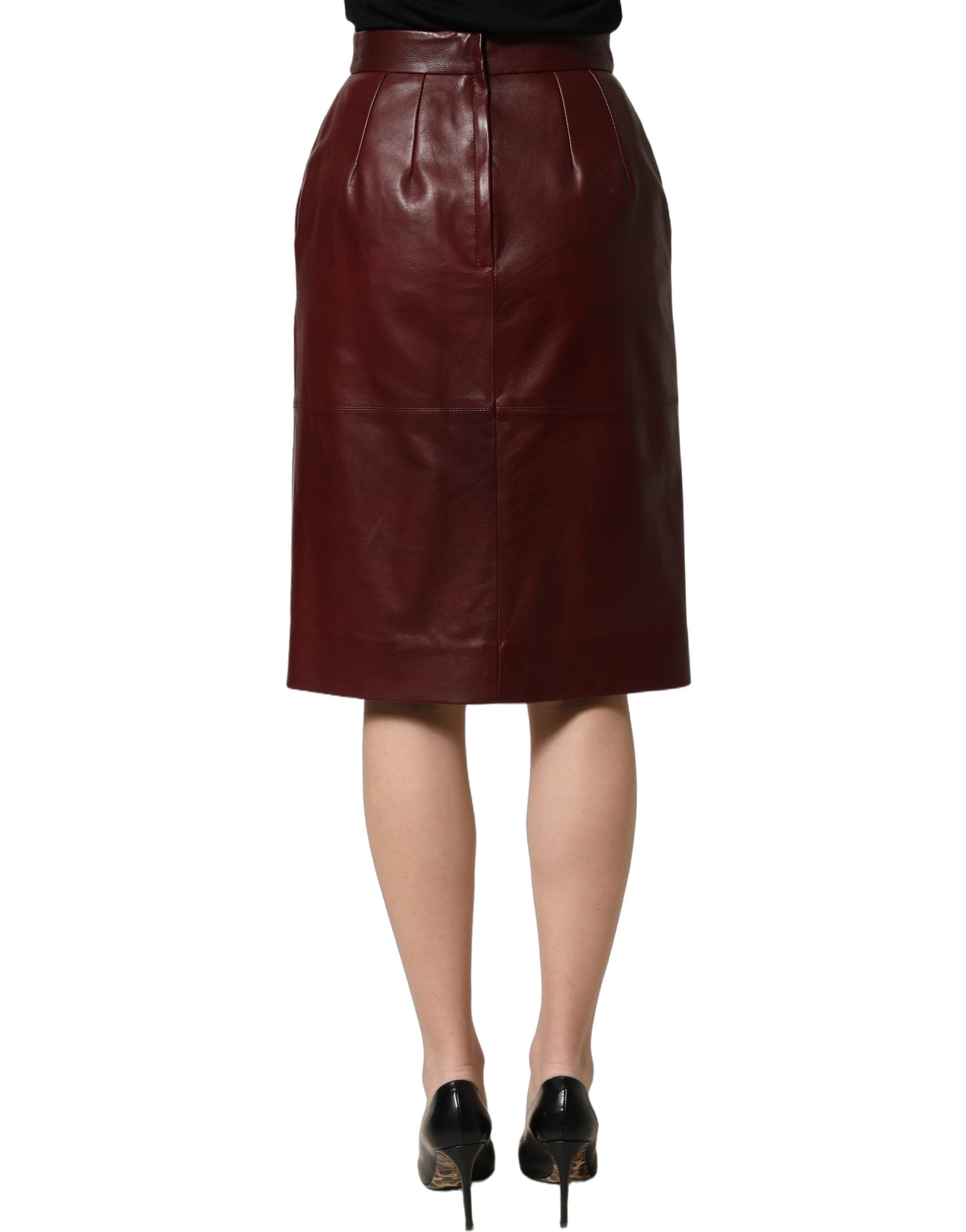 Burgundy Leather High Waist Pencil Midi Skirt