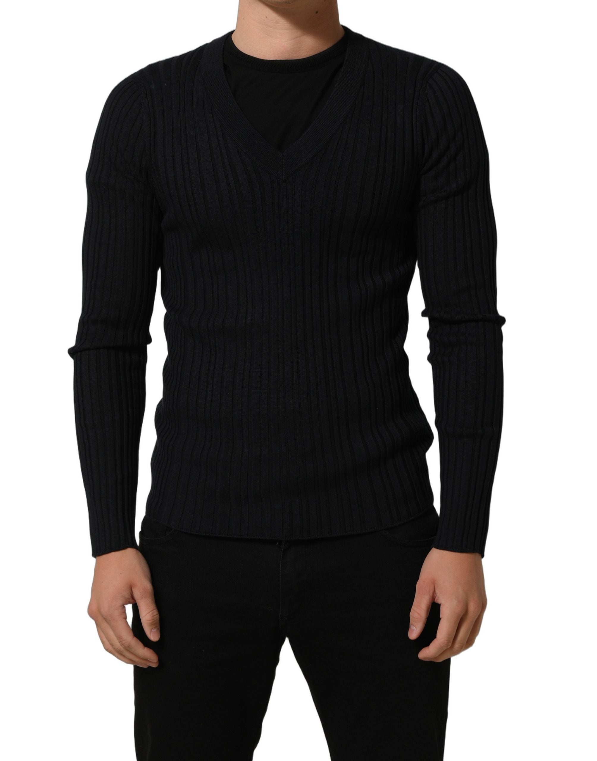 Black Silk Blend V-neck Pullover Men Sweater