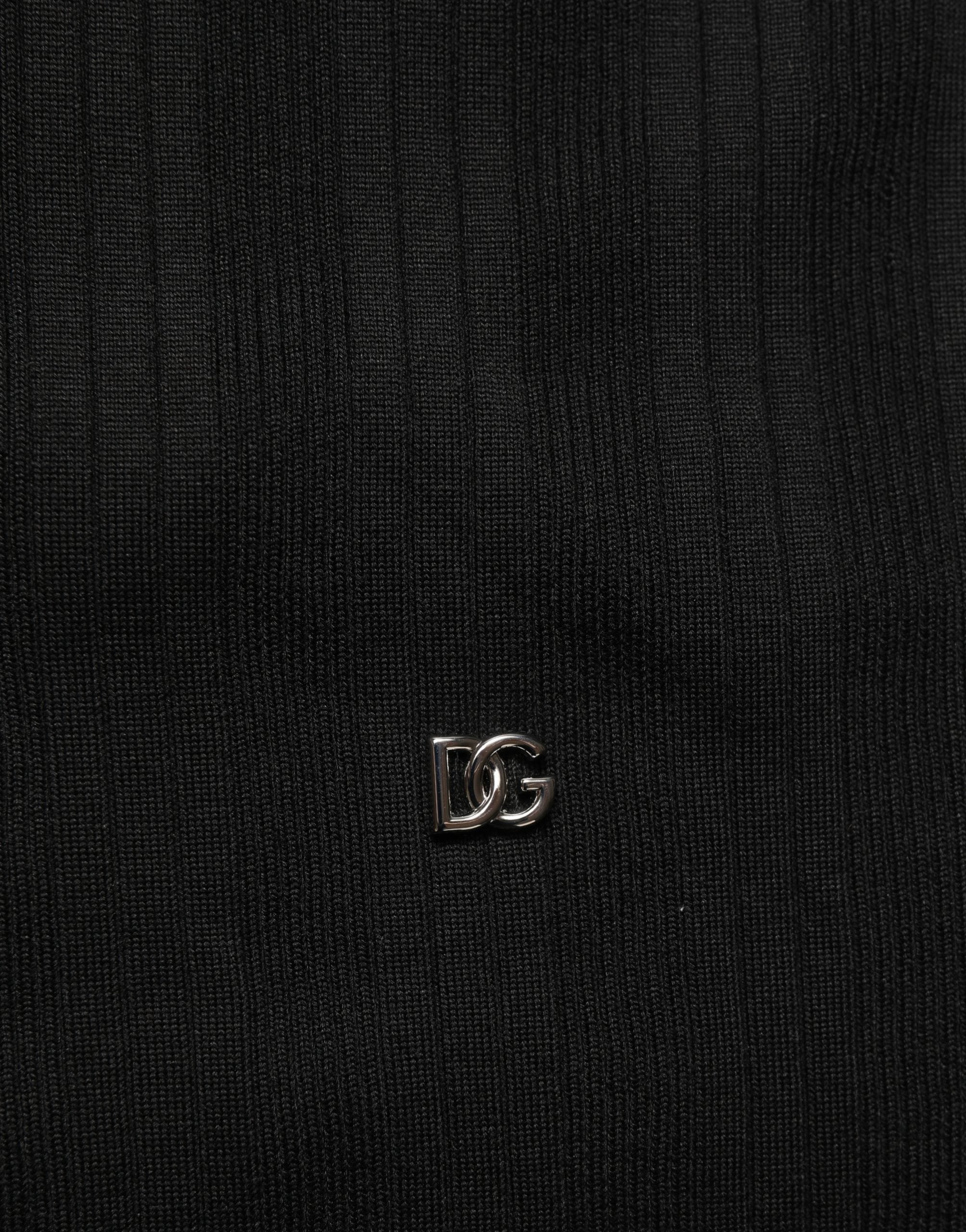 Black Silk Blend Henley Pullover Men Sweater