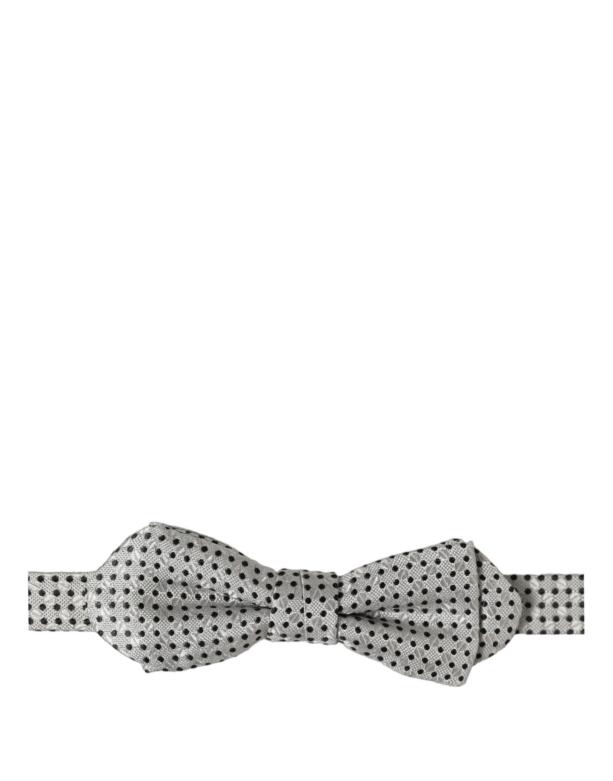Men Silver Black Polka Dot Adjustable Neck Papillon Bow Tie