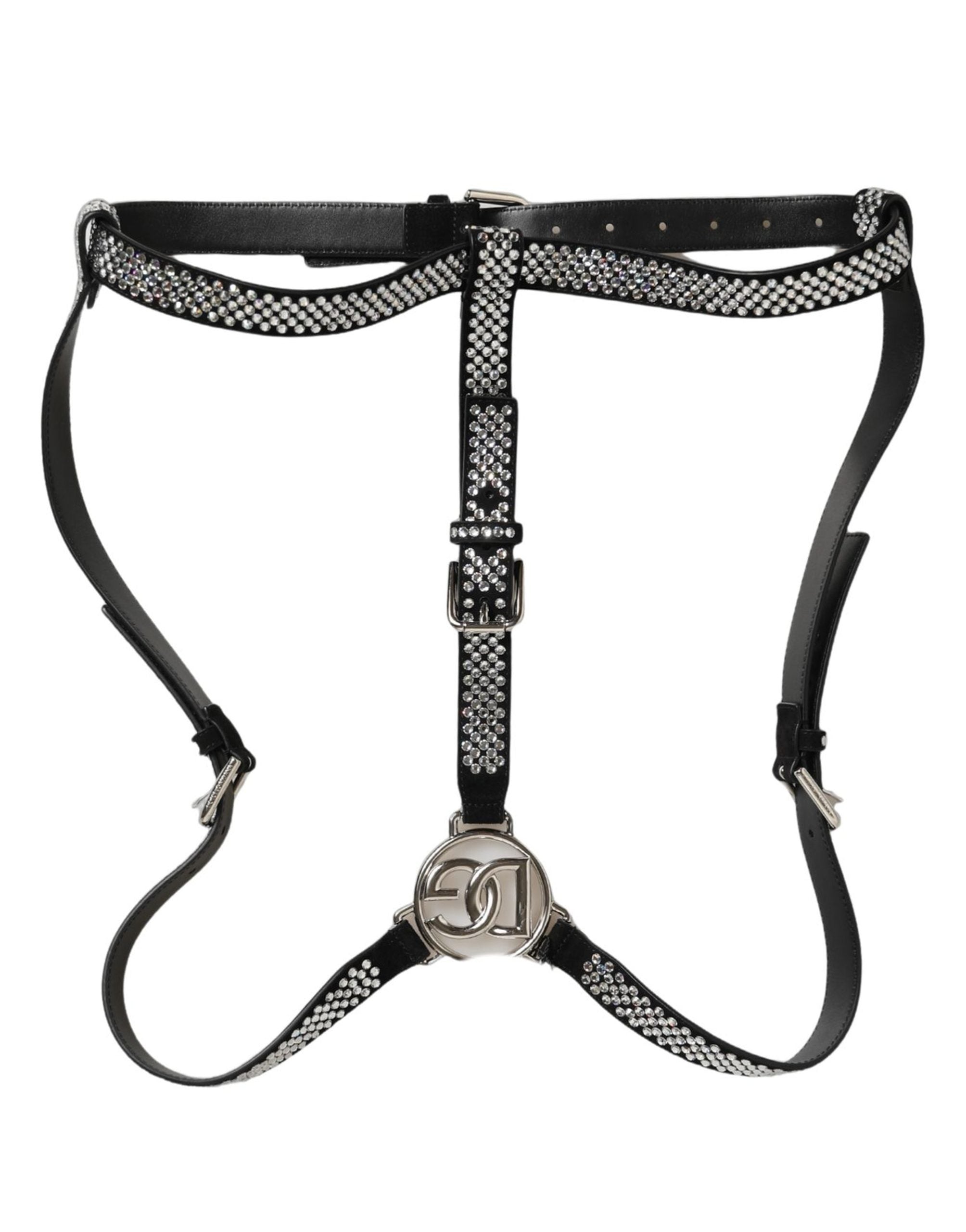 Black Leather Rhinestones Embellished Men Suspender