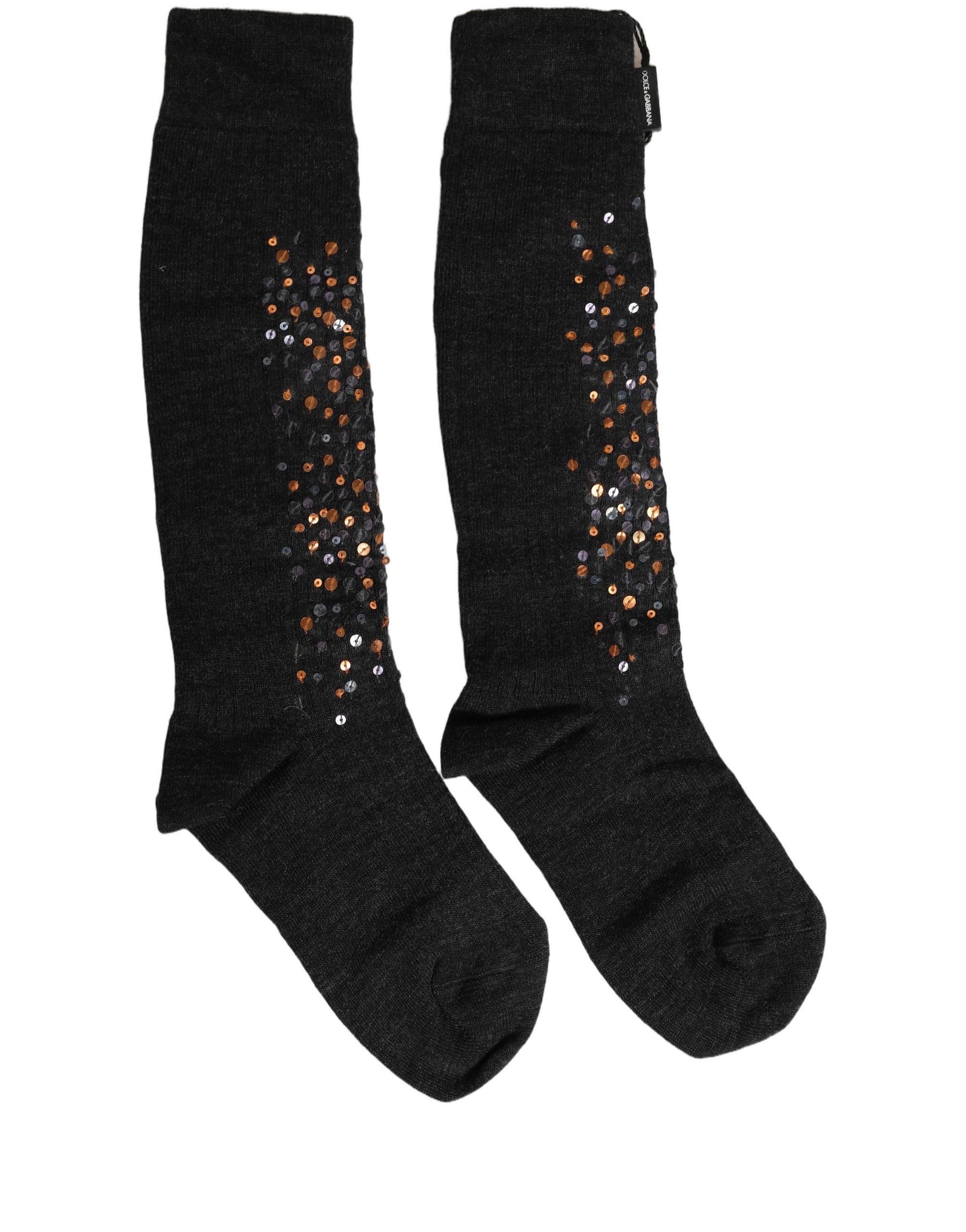 Dark Gray Sequined Wool Knee High Accessory Socks