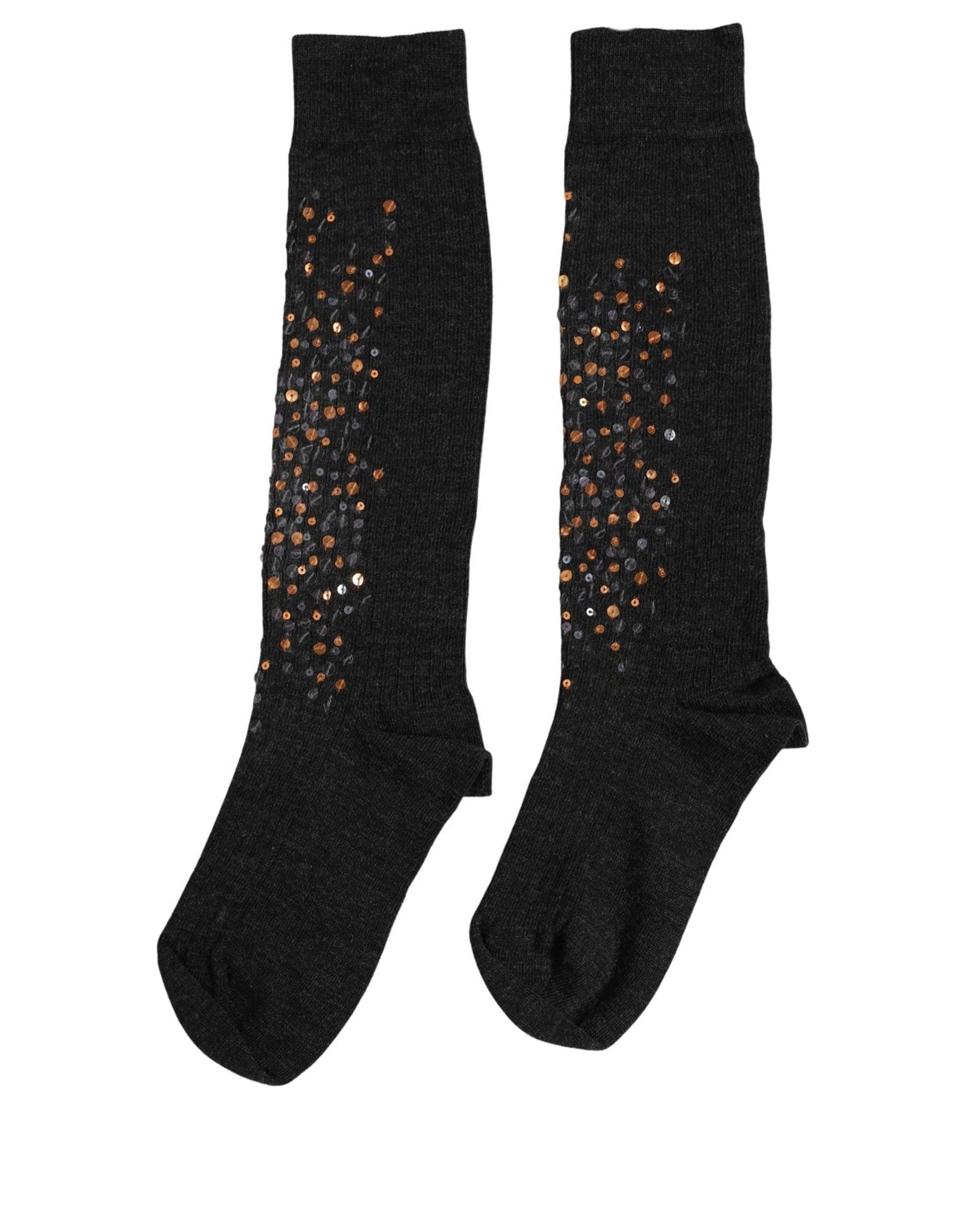 Dark Gray Sequined Wool Knee High Accessory Socks