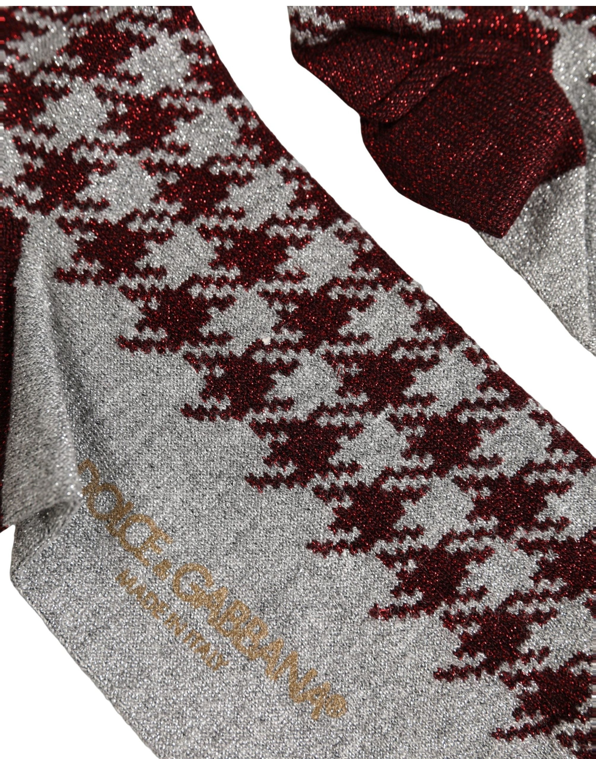 Maroon Gray Houndstooth Mid Calf Accessory Socks