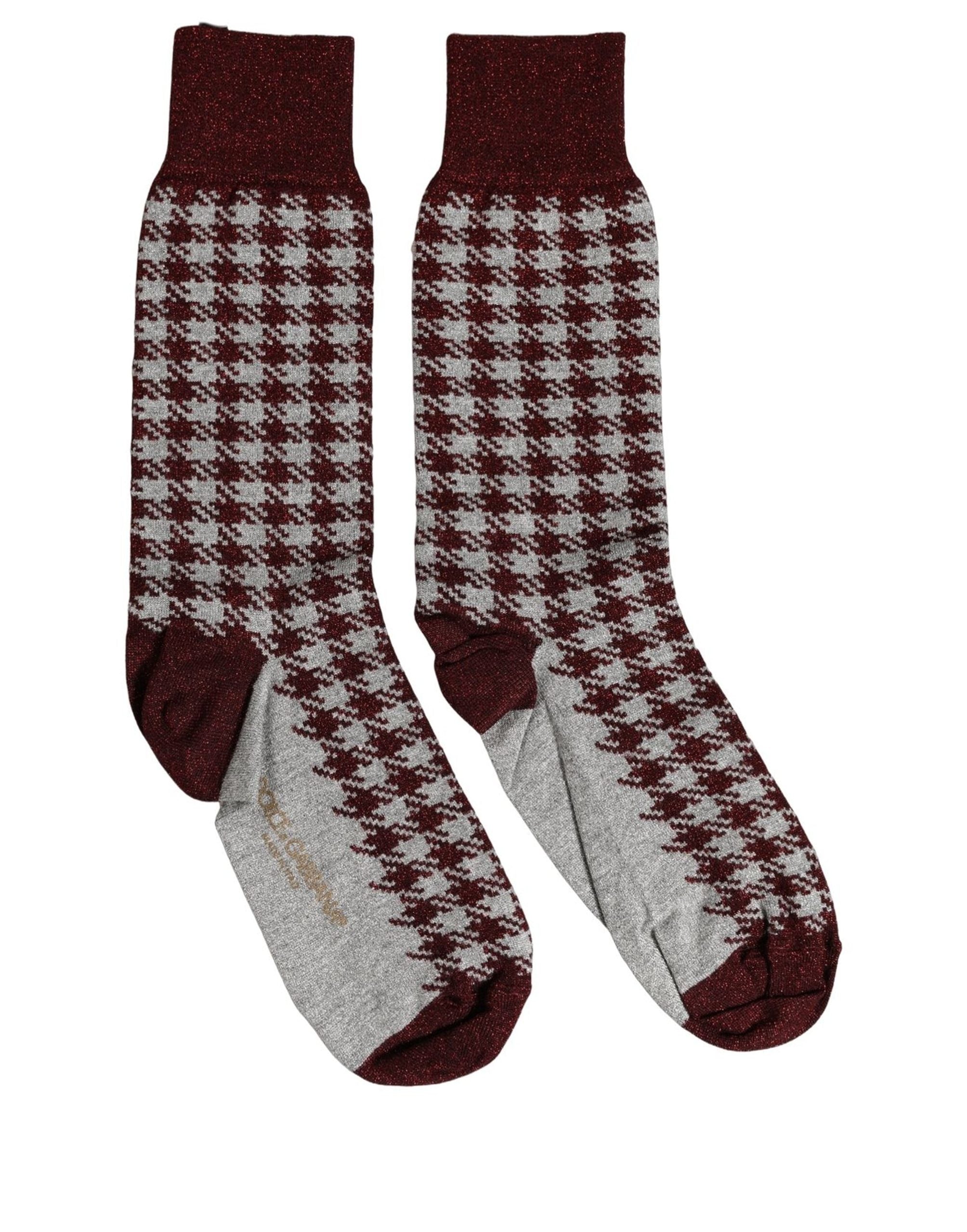 Maroon Gray Houndstooth Mid Calf Accessory Socks