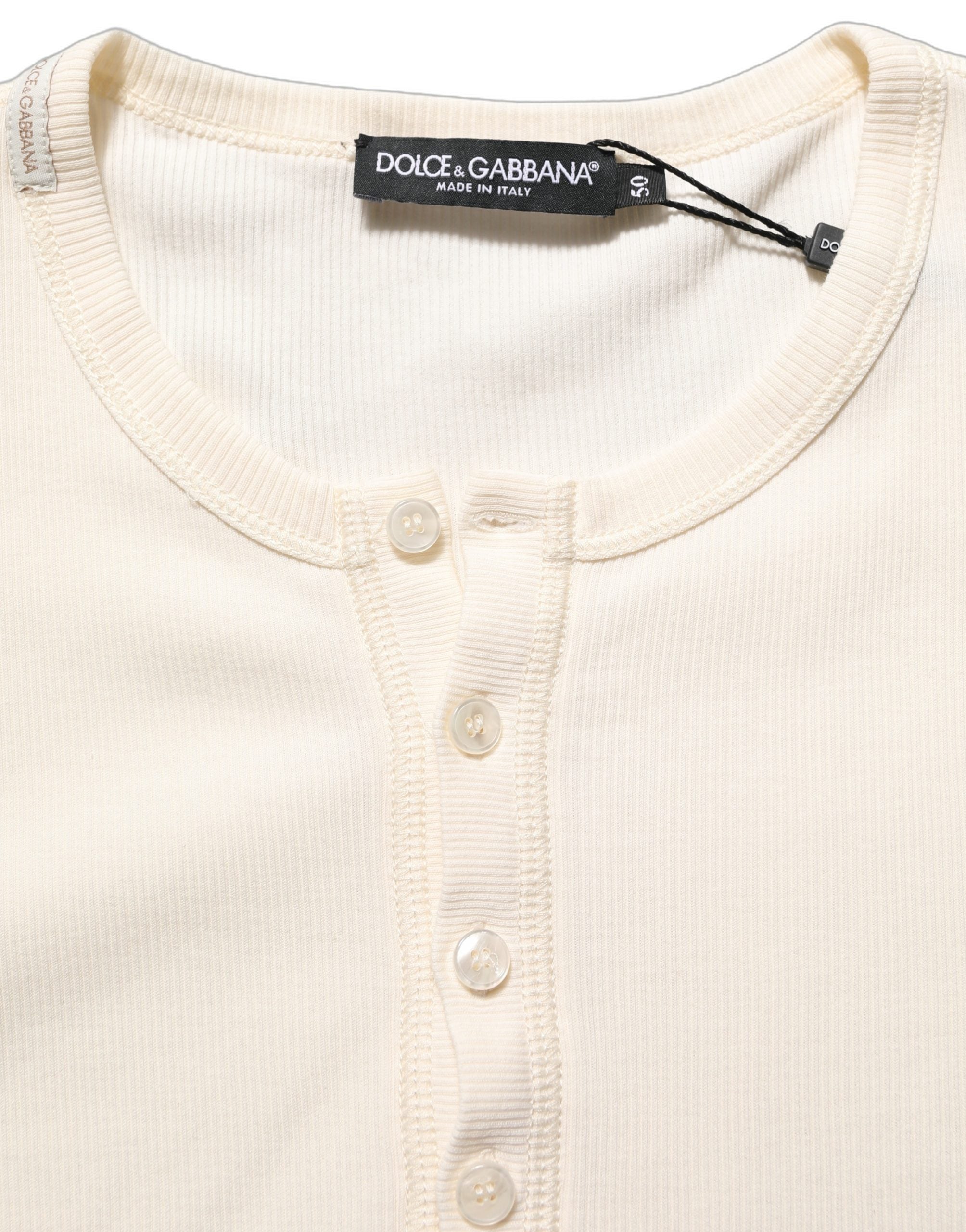Off White Cotton Henley Long Sleeves T-shirt