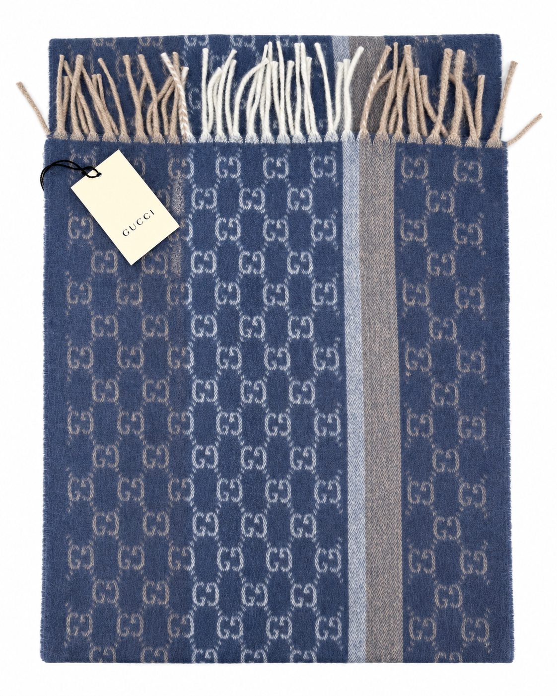 Monogram Blue Cashmere & Wool Scarf with Beige & Cream Fringe