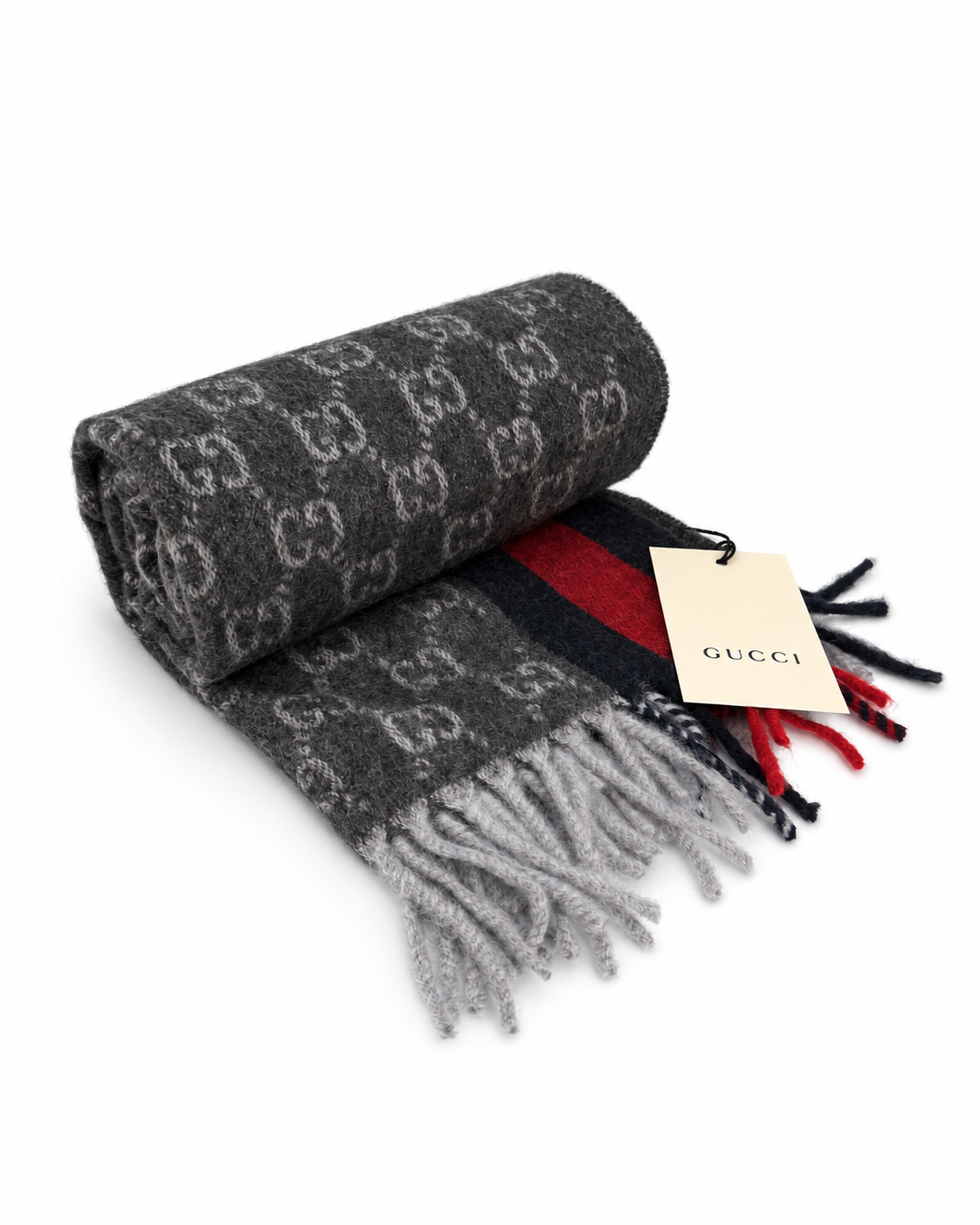 Monogram Charcoal Grey Cashmere & Wool Scarf with Red & Navy Stripe