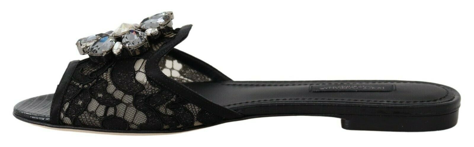 Black Taormina Lace Slides Crystals Flats Shoes