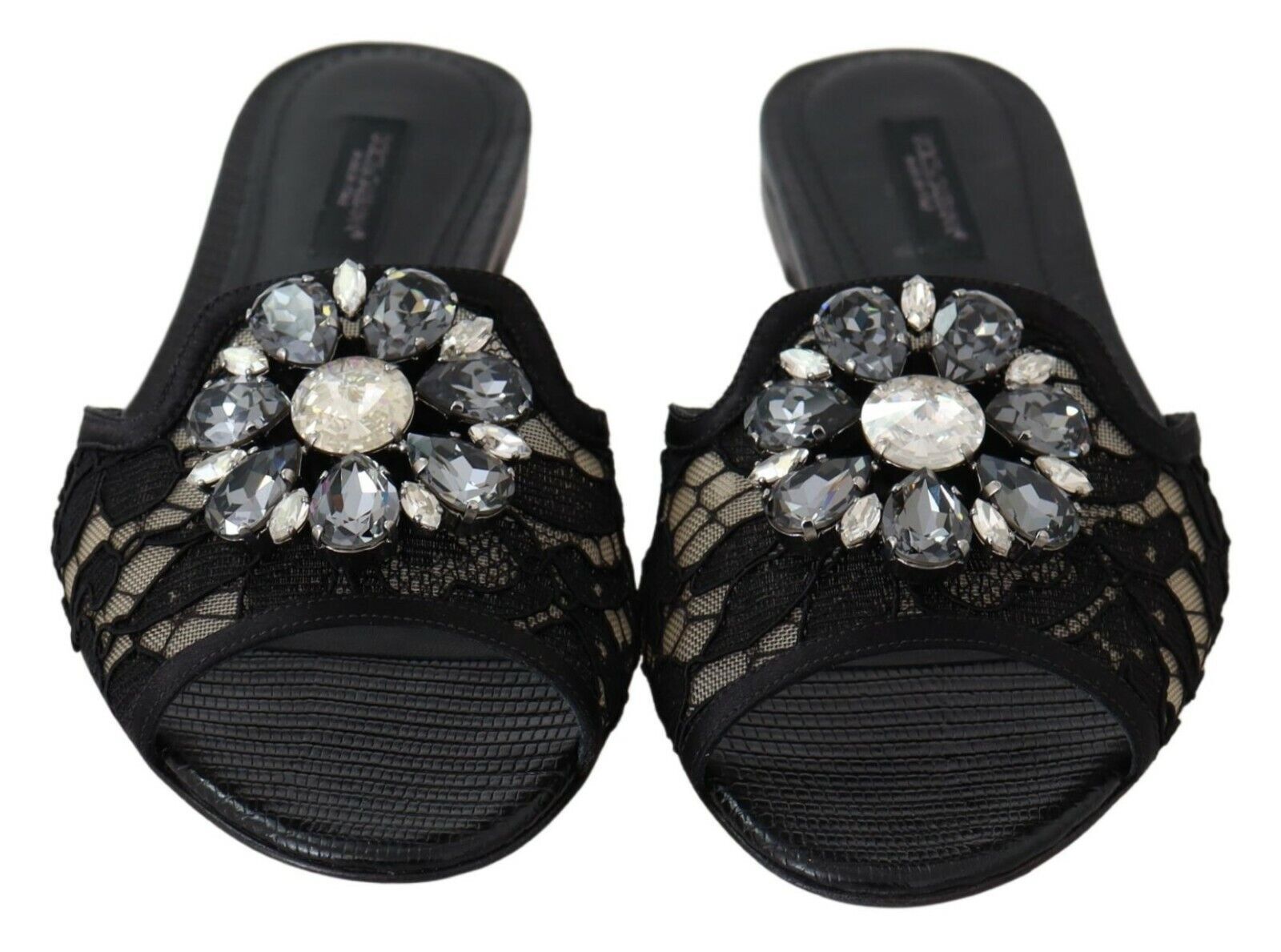 Black Taormina Lace Slides Crystals Flats Shoes