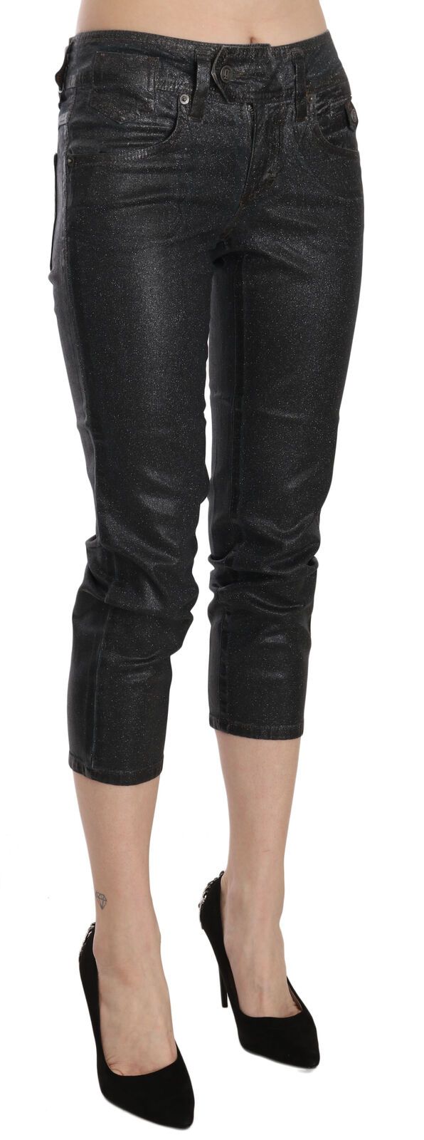 Black Washed Mid Waist Slim Leg Cropped Denim Pants