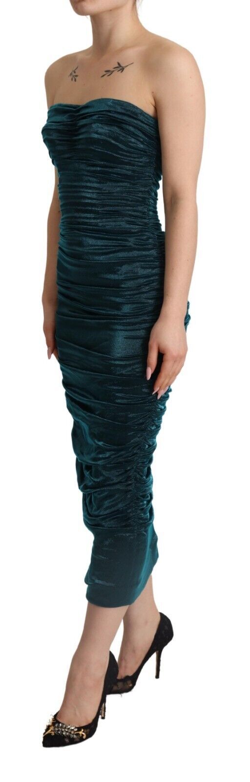 Turquoise Bustier Bodice Draped Midi Dress.