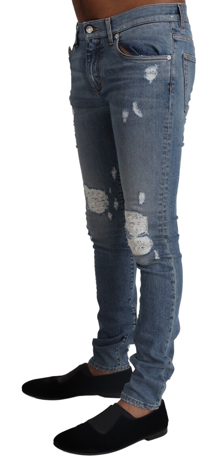 Light Blue Tattered Cotton Denim Skinny Jeans