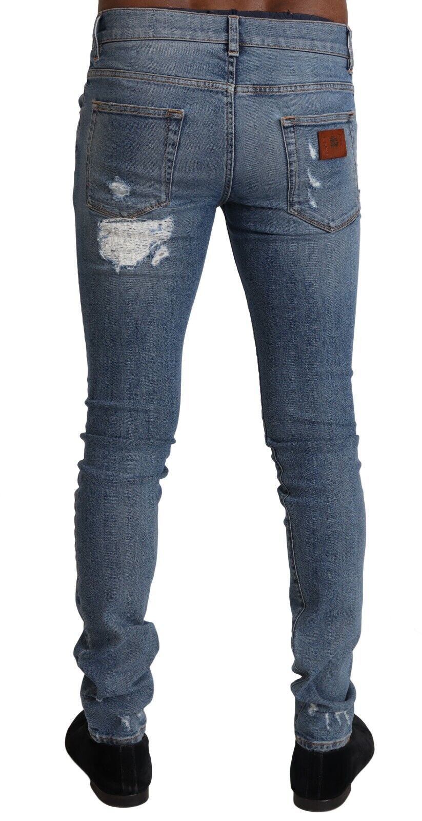 Light Blue Tattered Cotton Denim Skinny Jeans