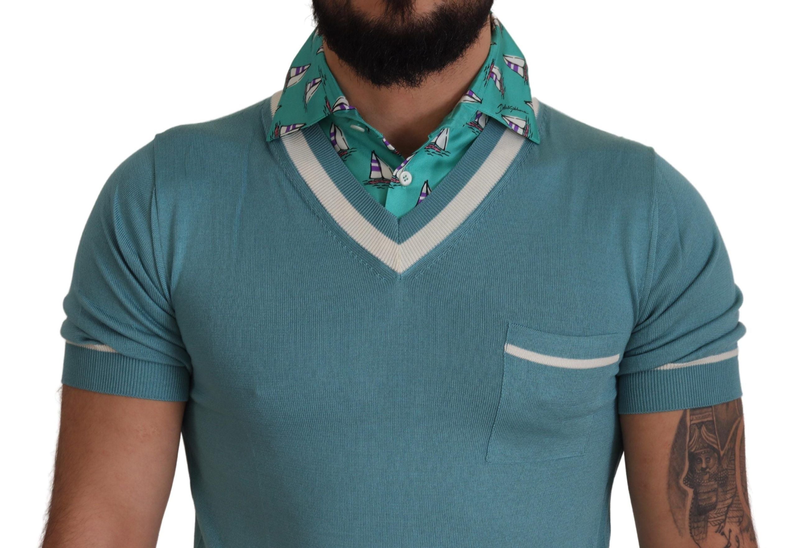 Blue Silk Polo Top Mens V-neck  T-shirt