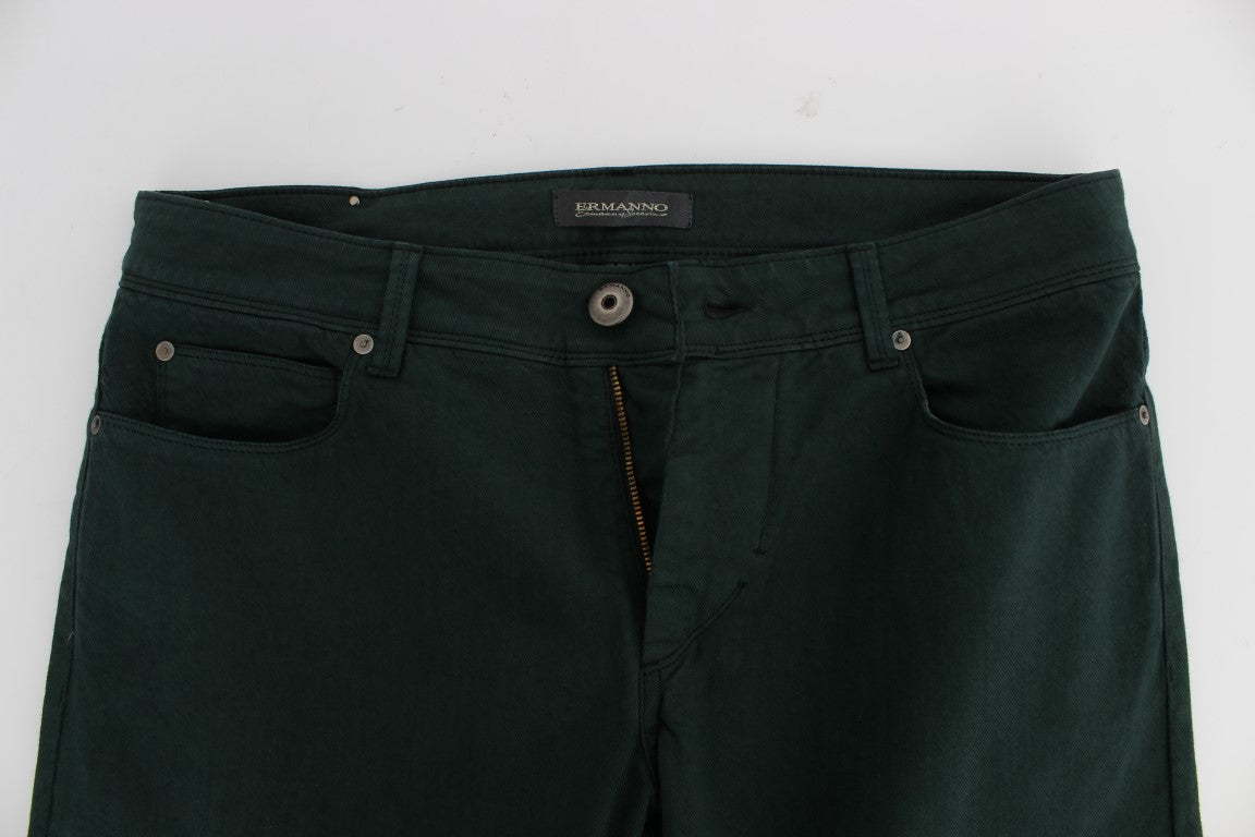 Green Cotton Denim Stretch Straight Fit Jeans
