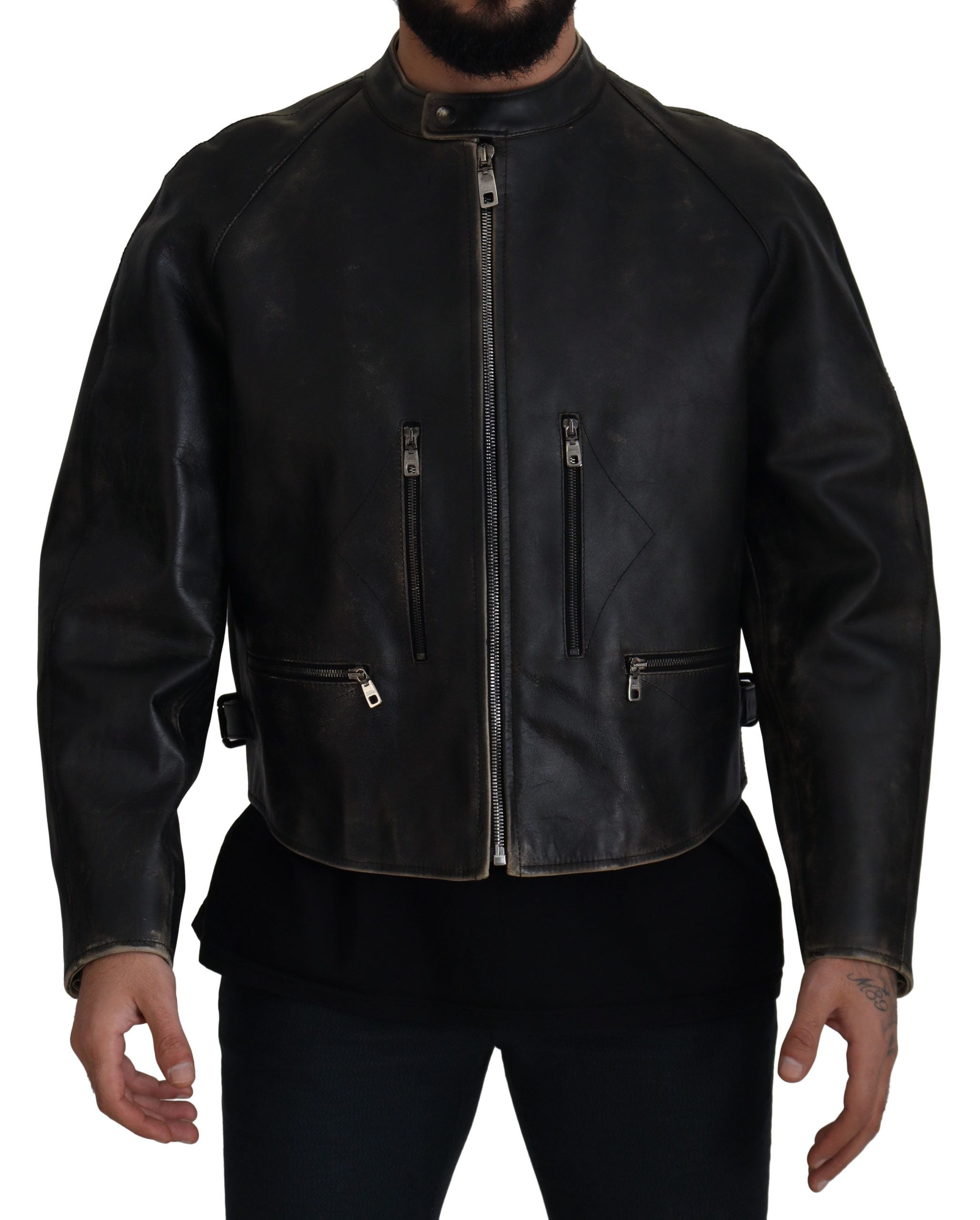 Black Leather Zipper Biker Coat Jacket