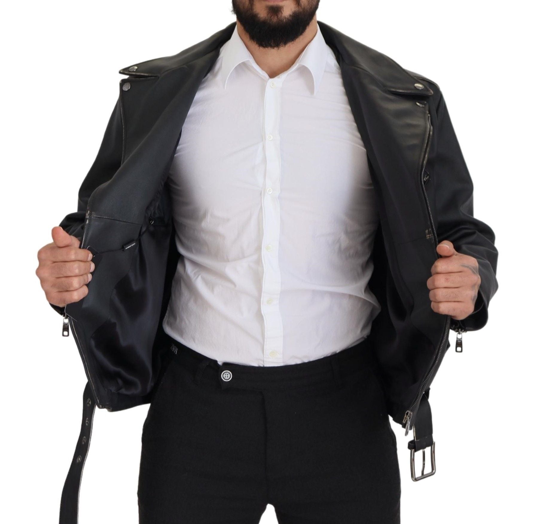 Black Leather Biker Coat Zipper Jacket