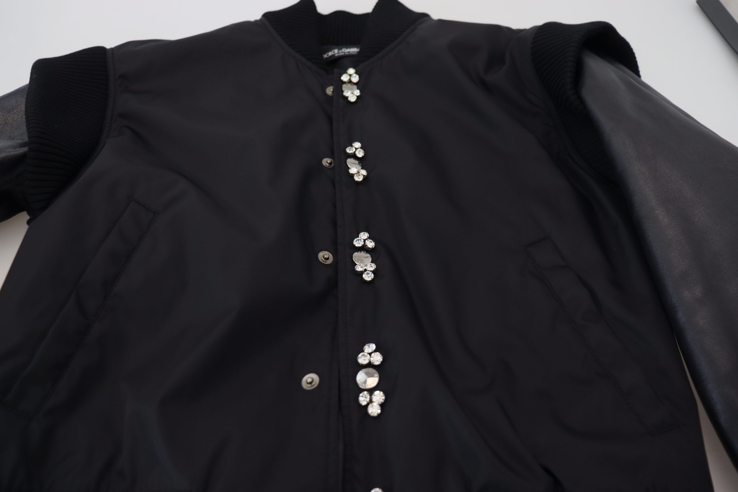 Black Nylon Crystals Coat Buttons Jacket