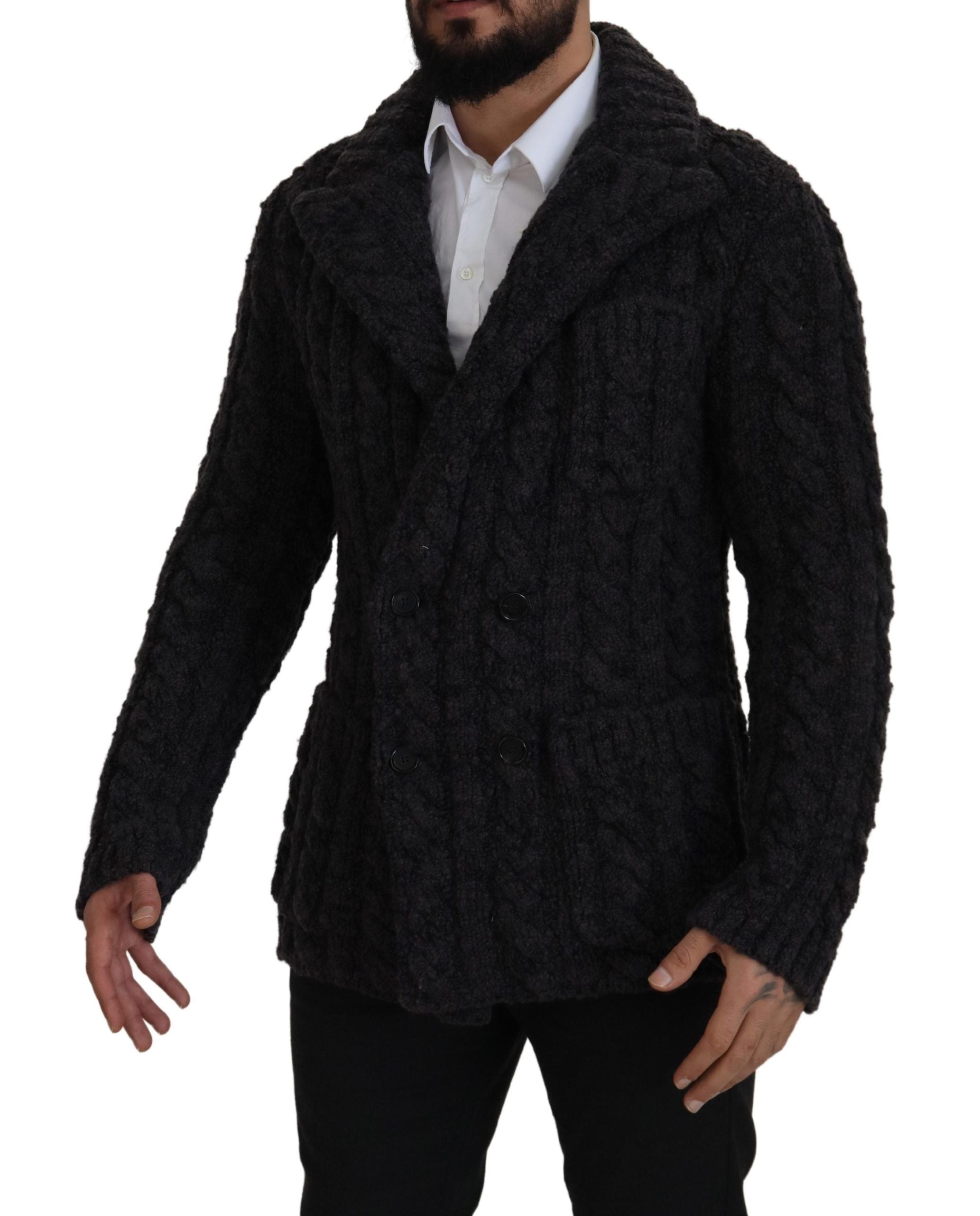 Black Wool Knit Double Breasted Coat Jacket