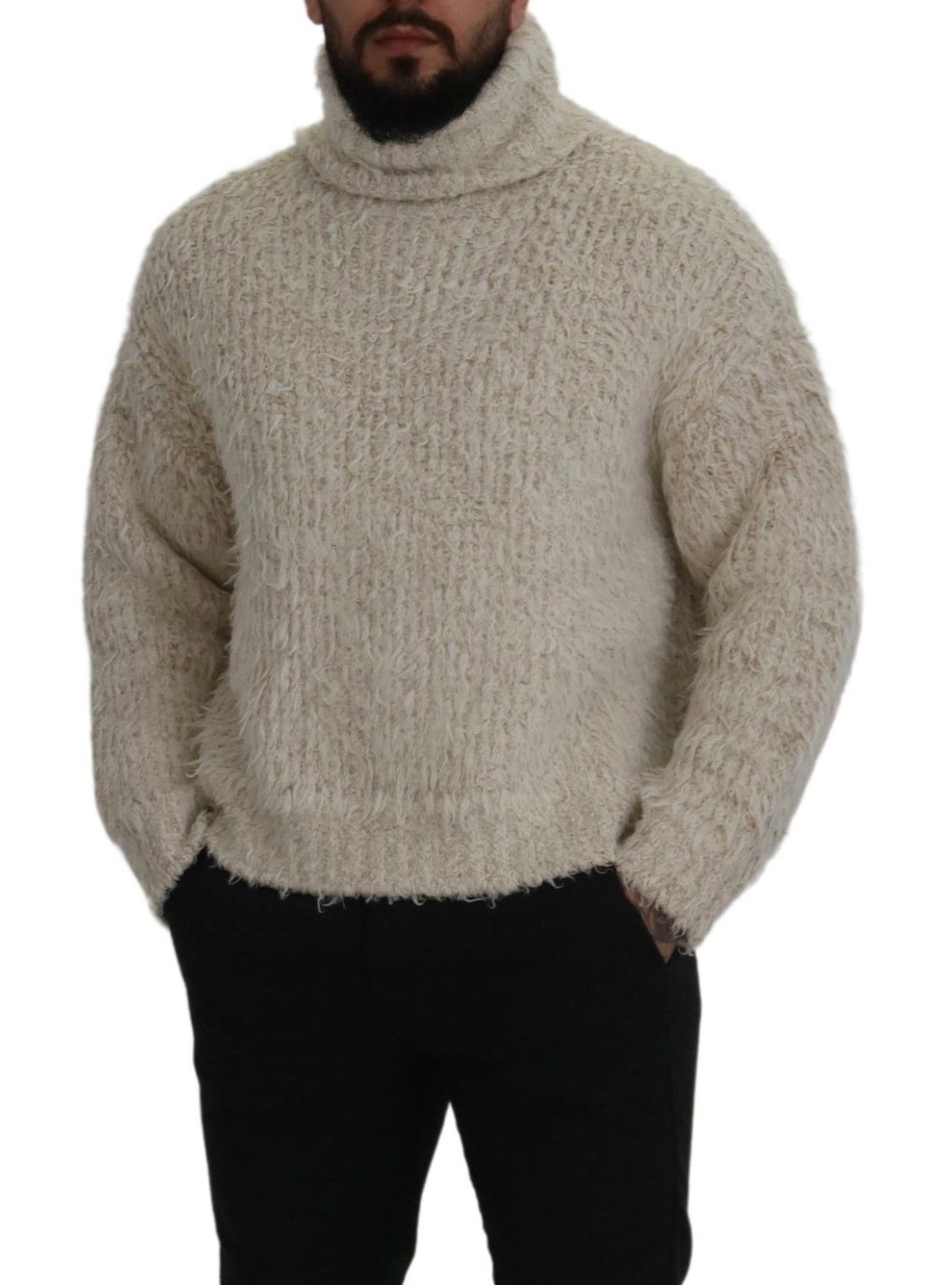Cream Wool Knit Turtleneck Pullover Sweater