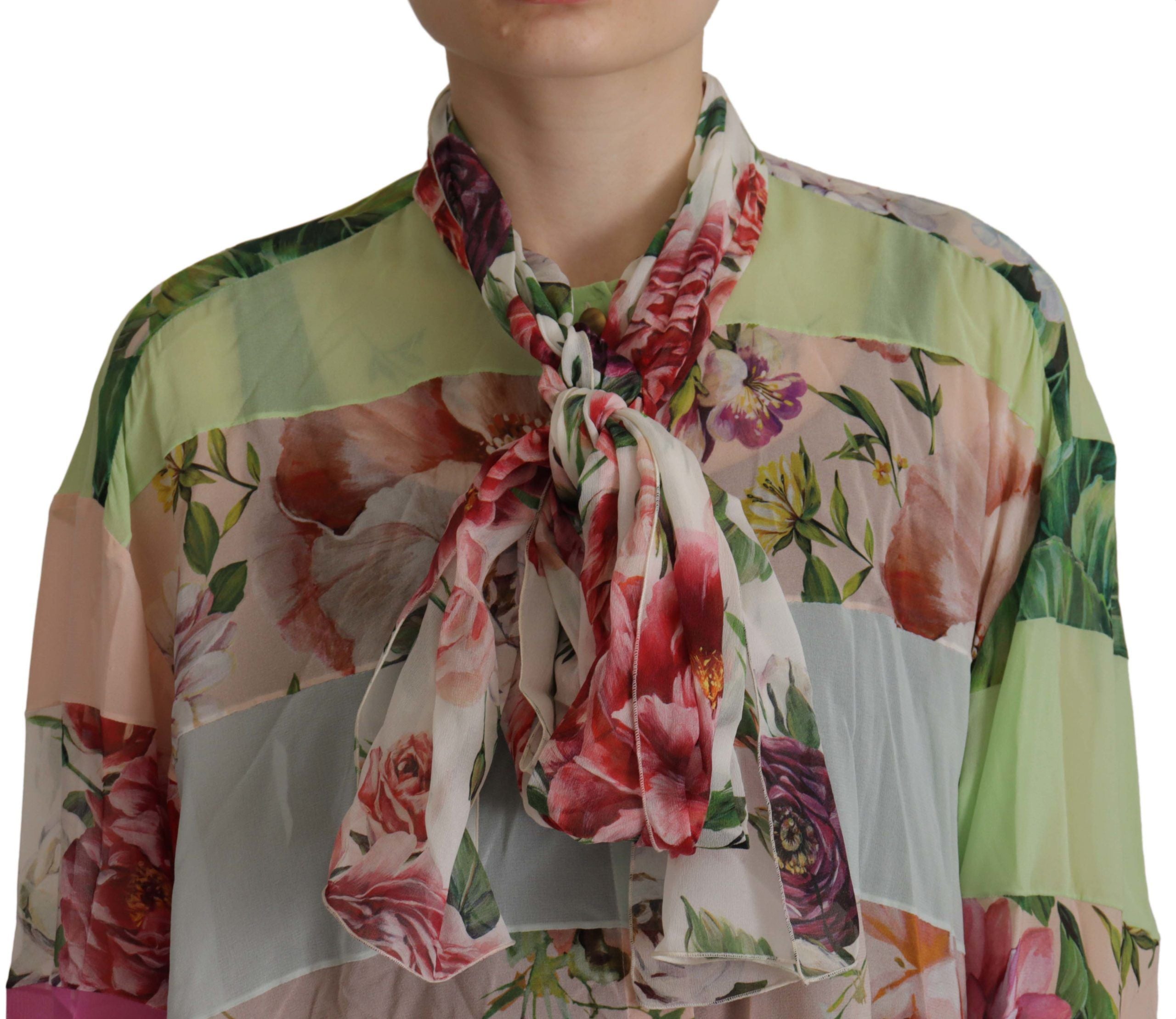 Multicolor  Floral Patchwork Design Ascot Collar Top Blouse