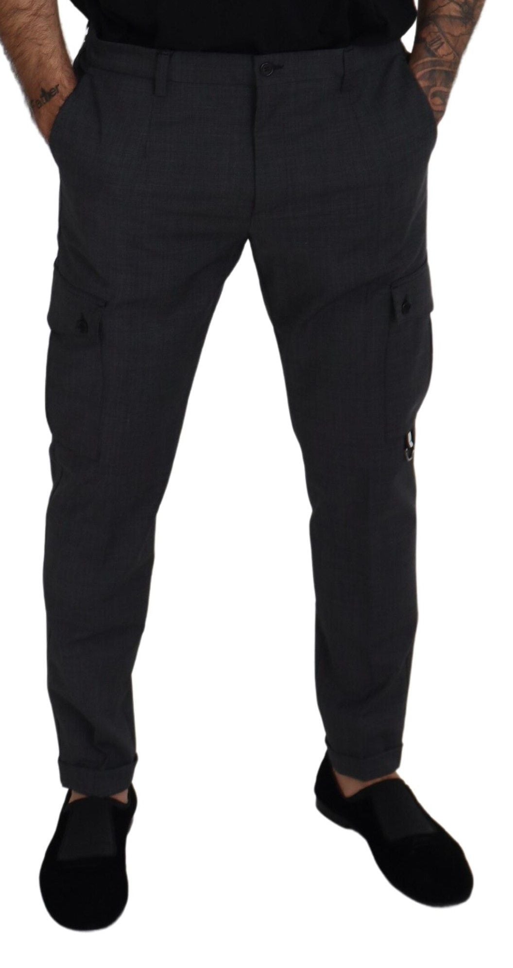 Gray Checked Cargo Trousers Stretch Pants