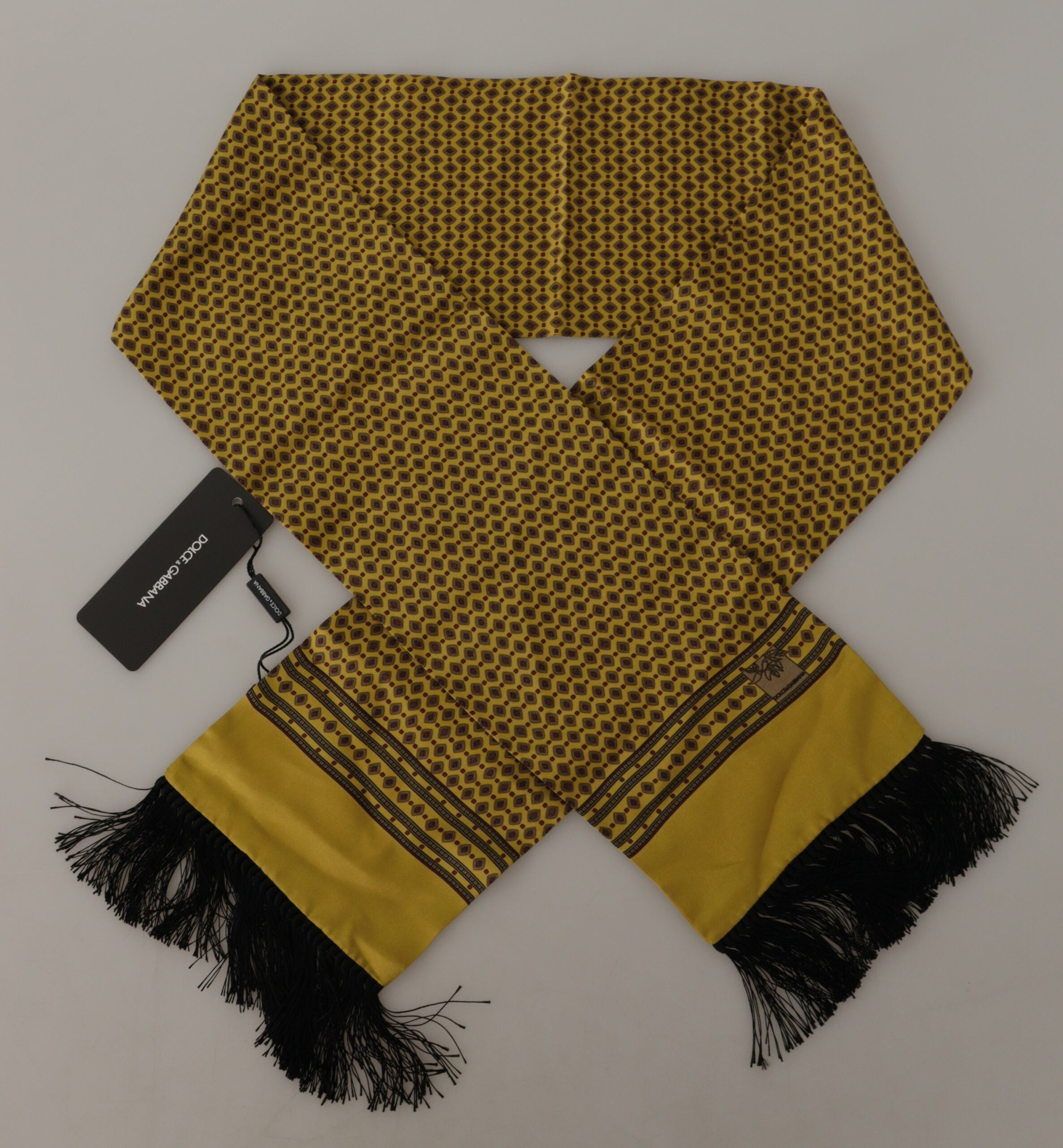 Yellow Patterned Silk Neck Wrap Fringe Scarf