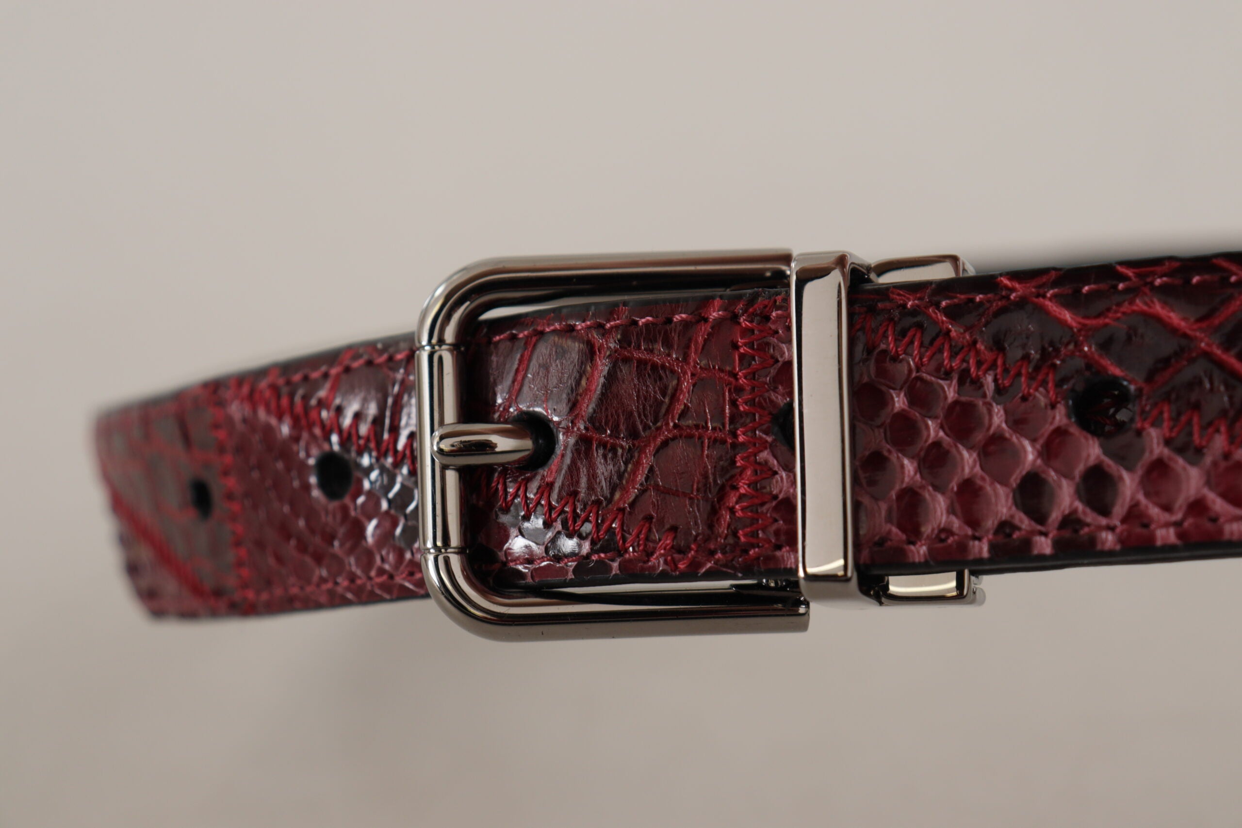 Red Exotic Leather Metal Logo Buckle Belt