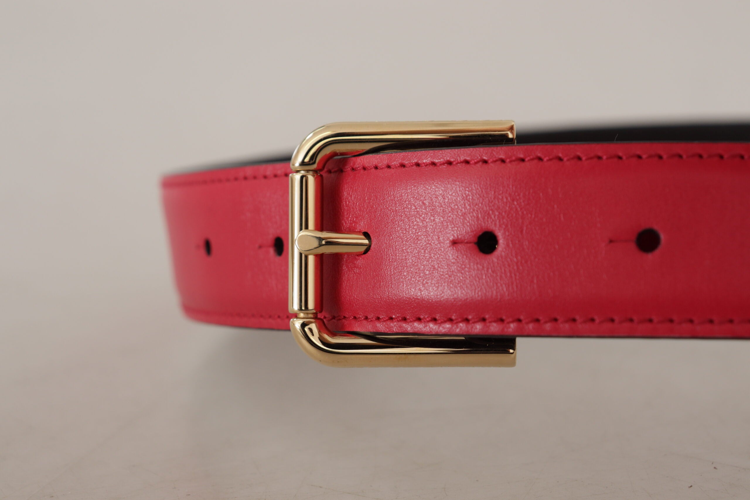 Red Calf Leather Gold Tone Logo Metal Buckle Belt