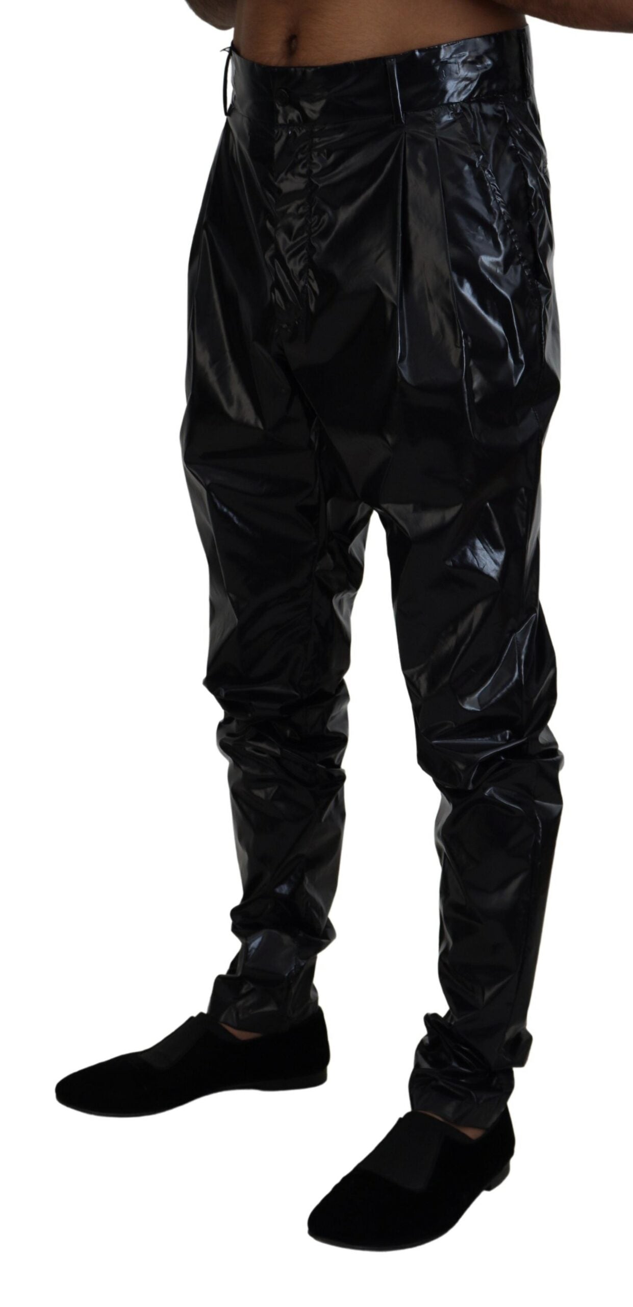 Black Shining Nylon Skinny Men Pants