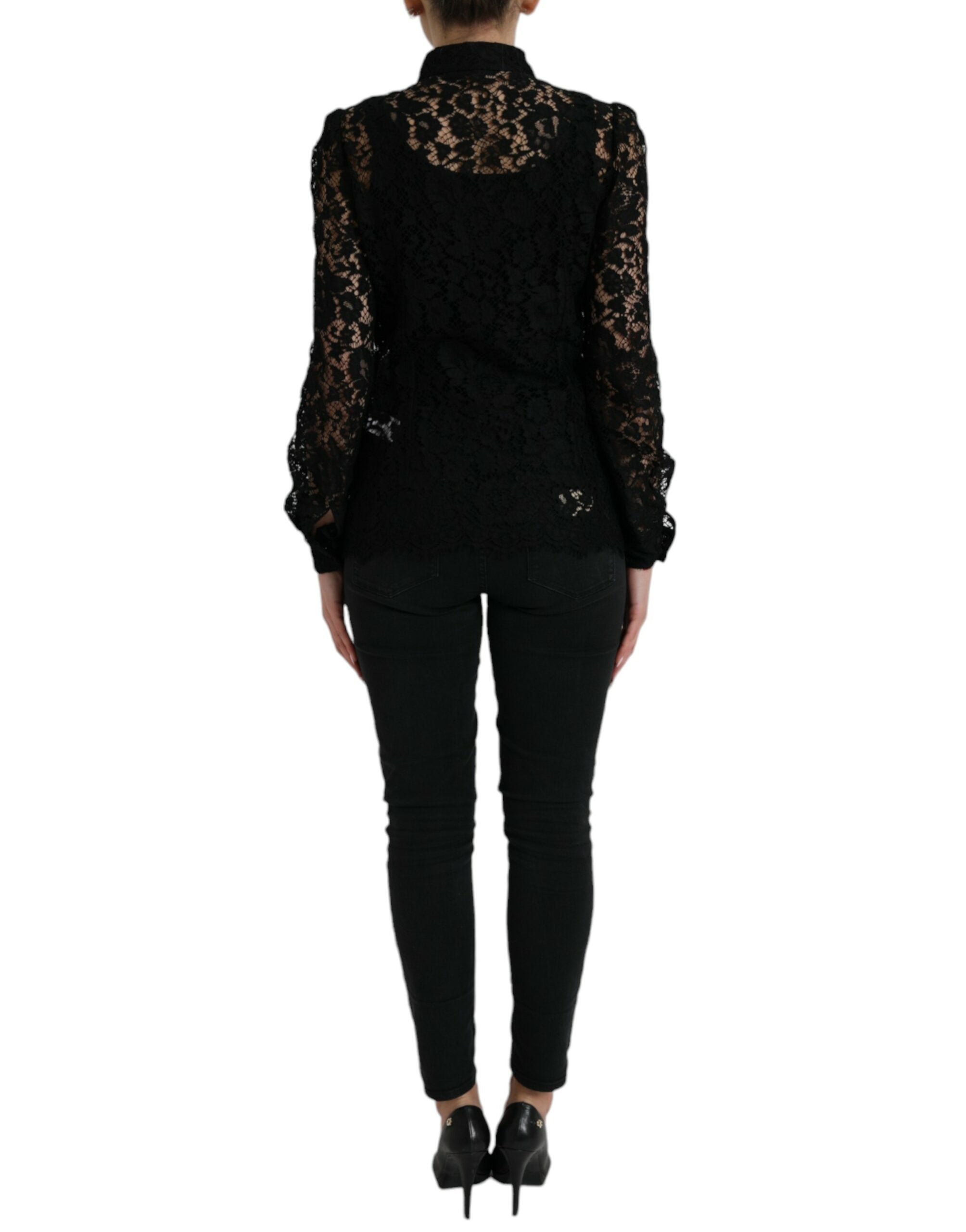 Black Floral Lace Long Sleeves Blouse Top