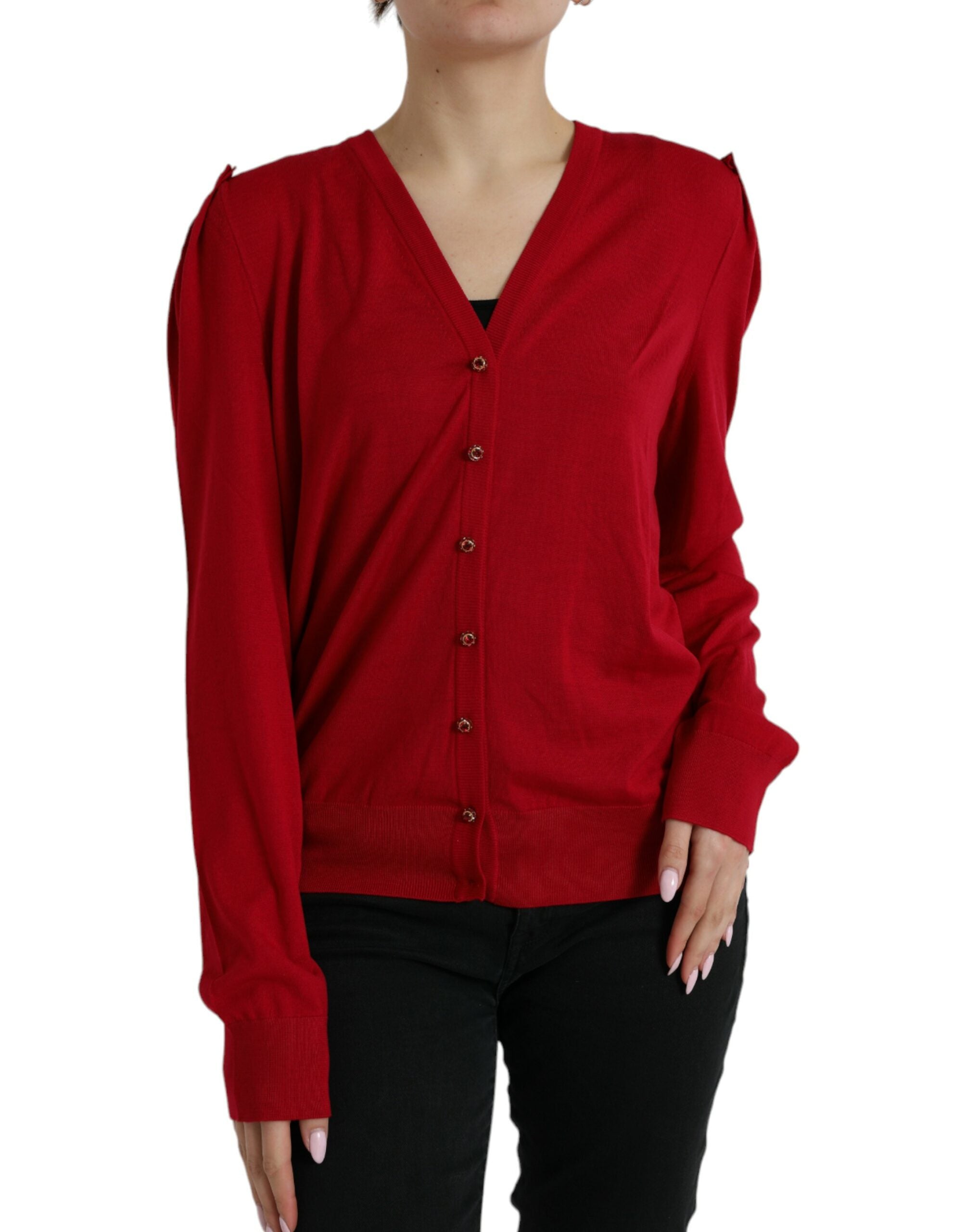 Red Wool V-neck Buttoned Cardigan Sweater
