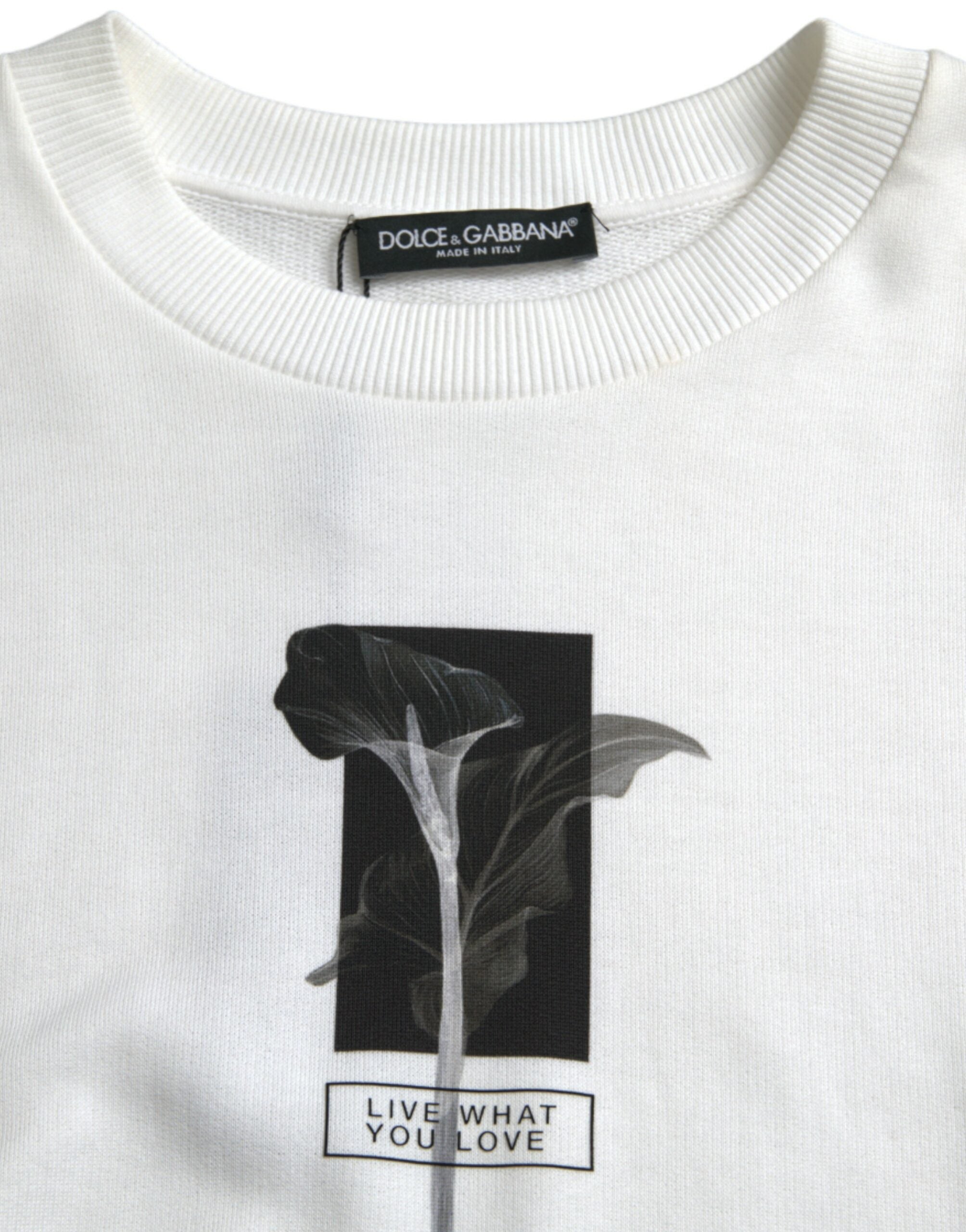 White Floral Cotton Crew Neck Pullover Sweater