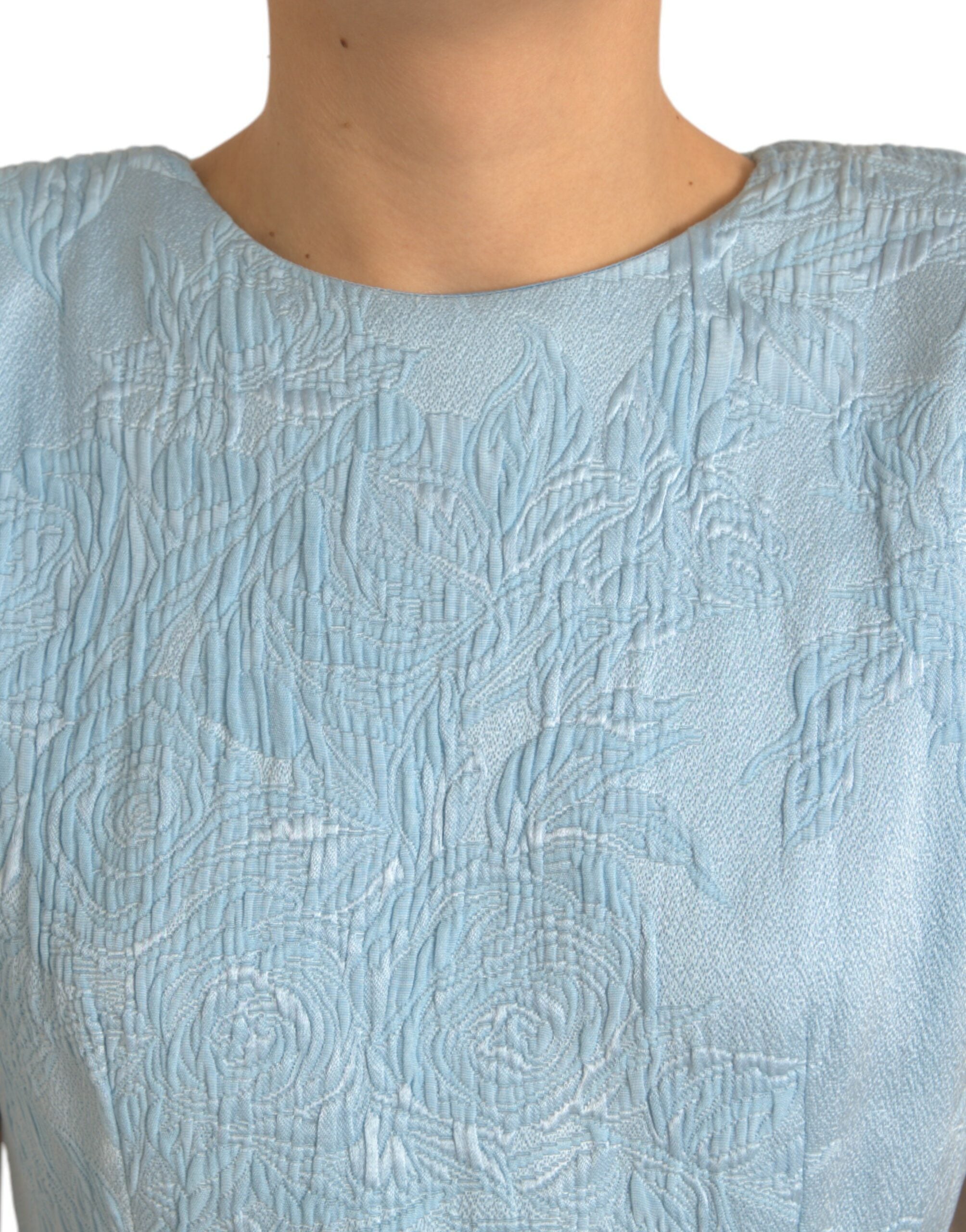 Light Blue Floral Jacquard Puff Sleeve Mini Dress