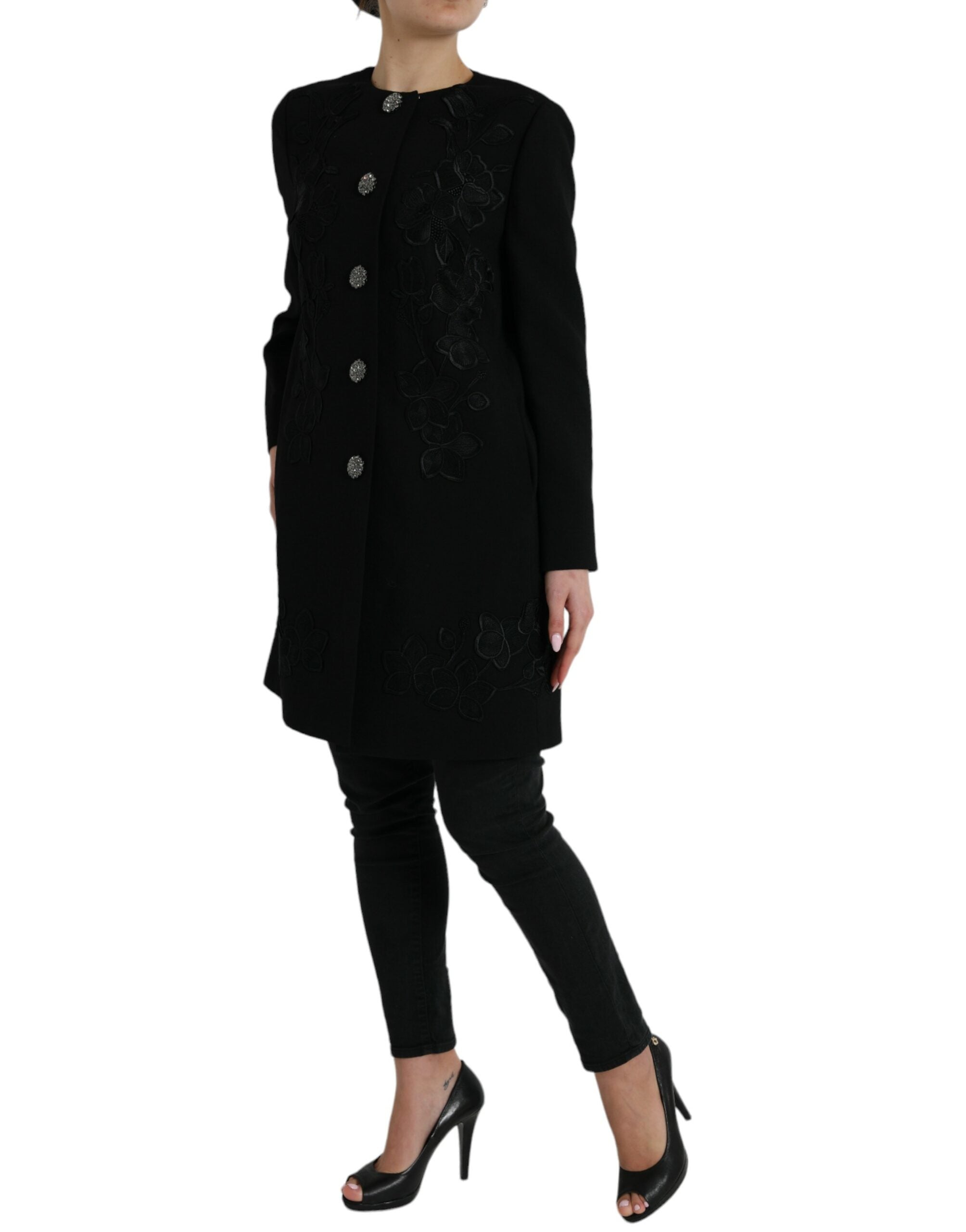Black Floral Wool Button Embellished Jacket