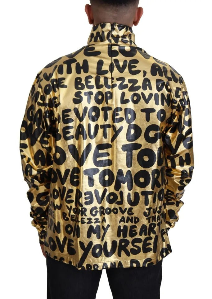 Gold Logo Print Turtleneck Pullover Sweater