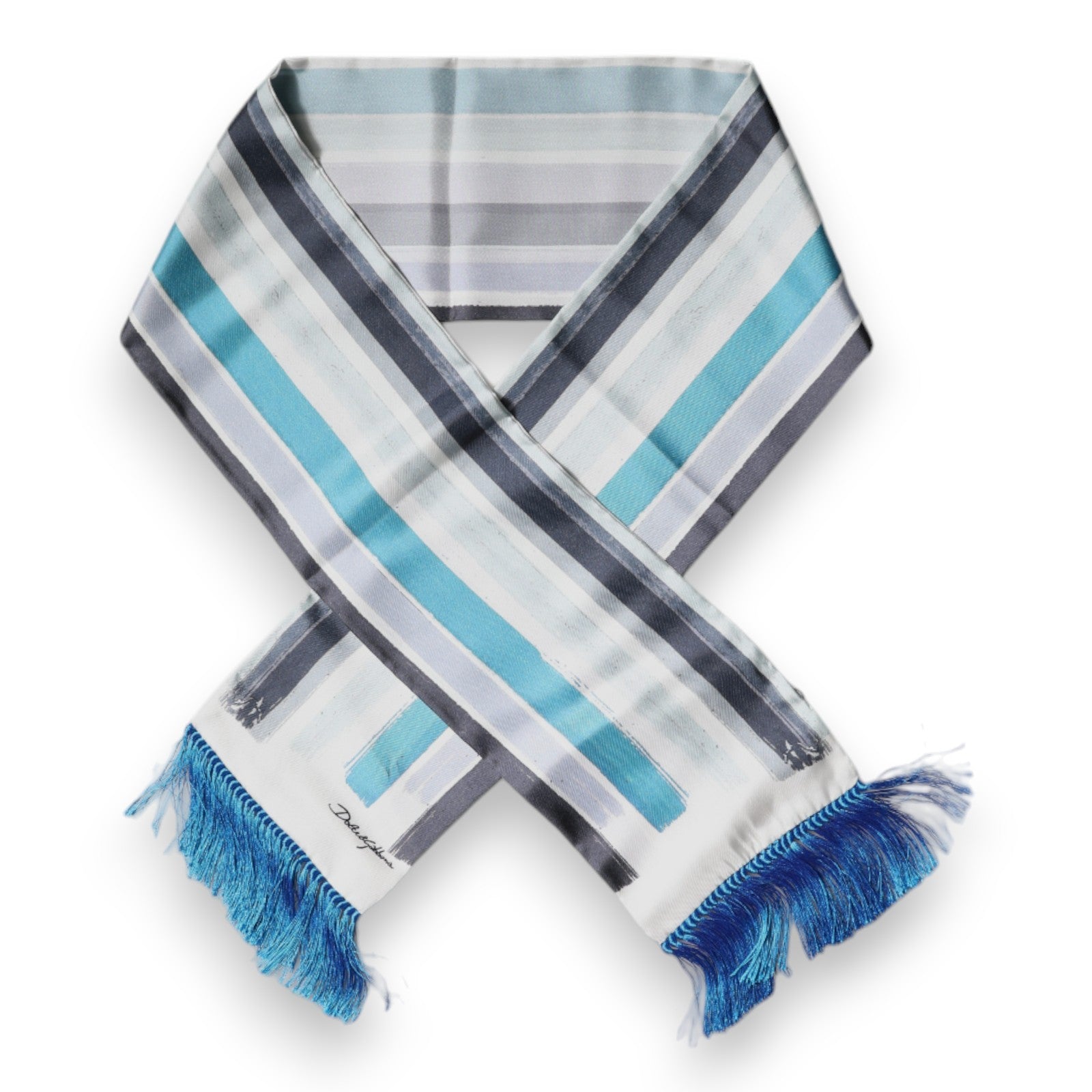 White Blue Stripes Silk Fringes Wrap Scarf