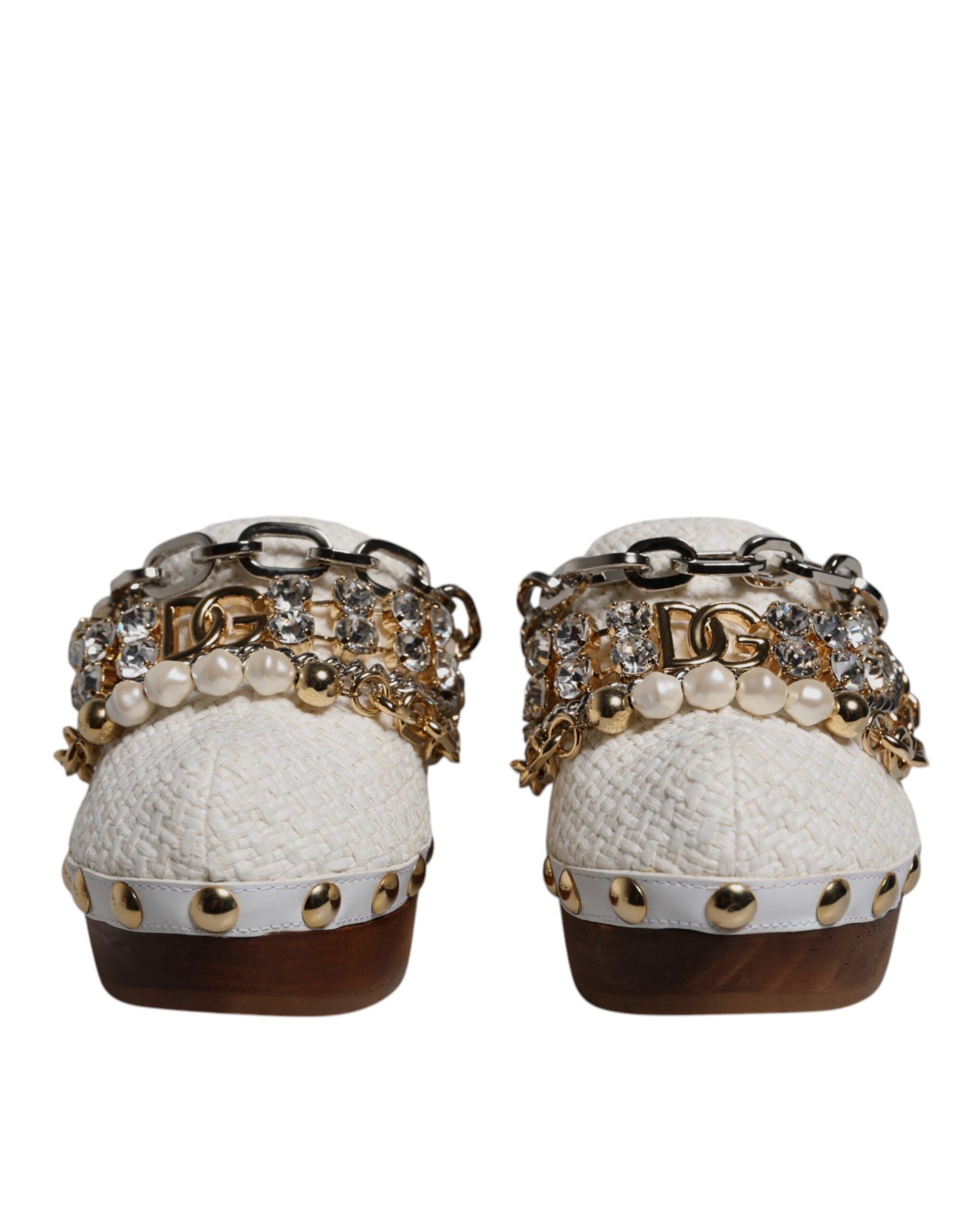 White Raffia Clogs Bejeweled Chain Sandals Shoes