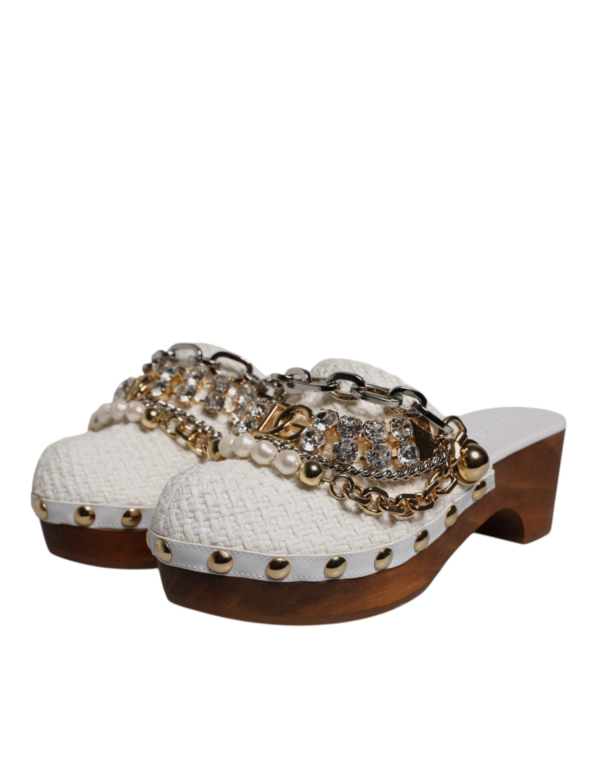 White Raffia Clogs Bejeweled Chain Sandals Shoes