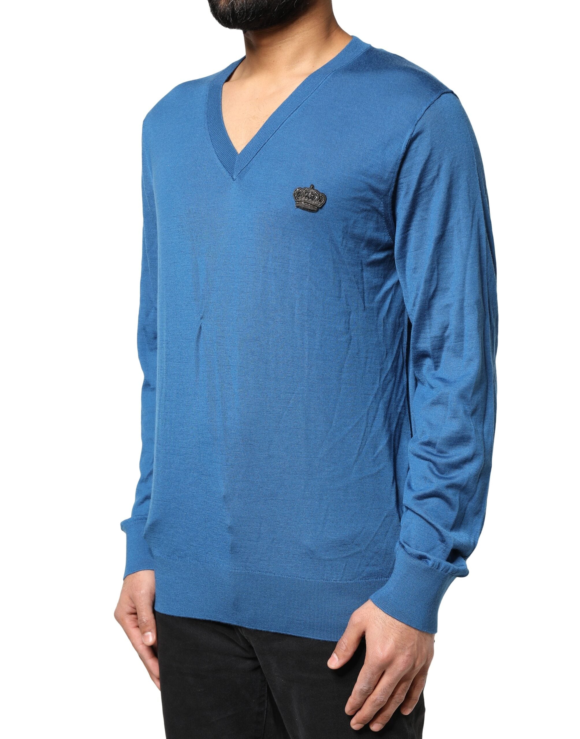 Blue Cashmere Crown V-neck Pullover Sweater