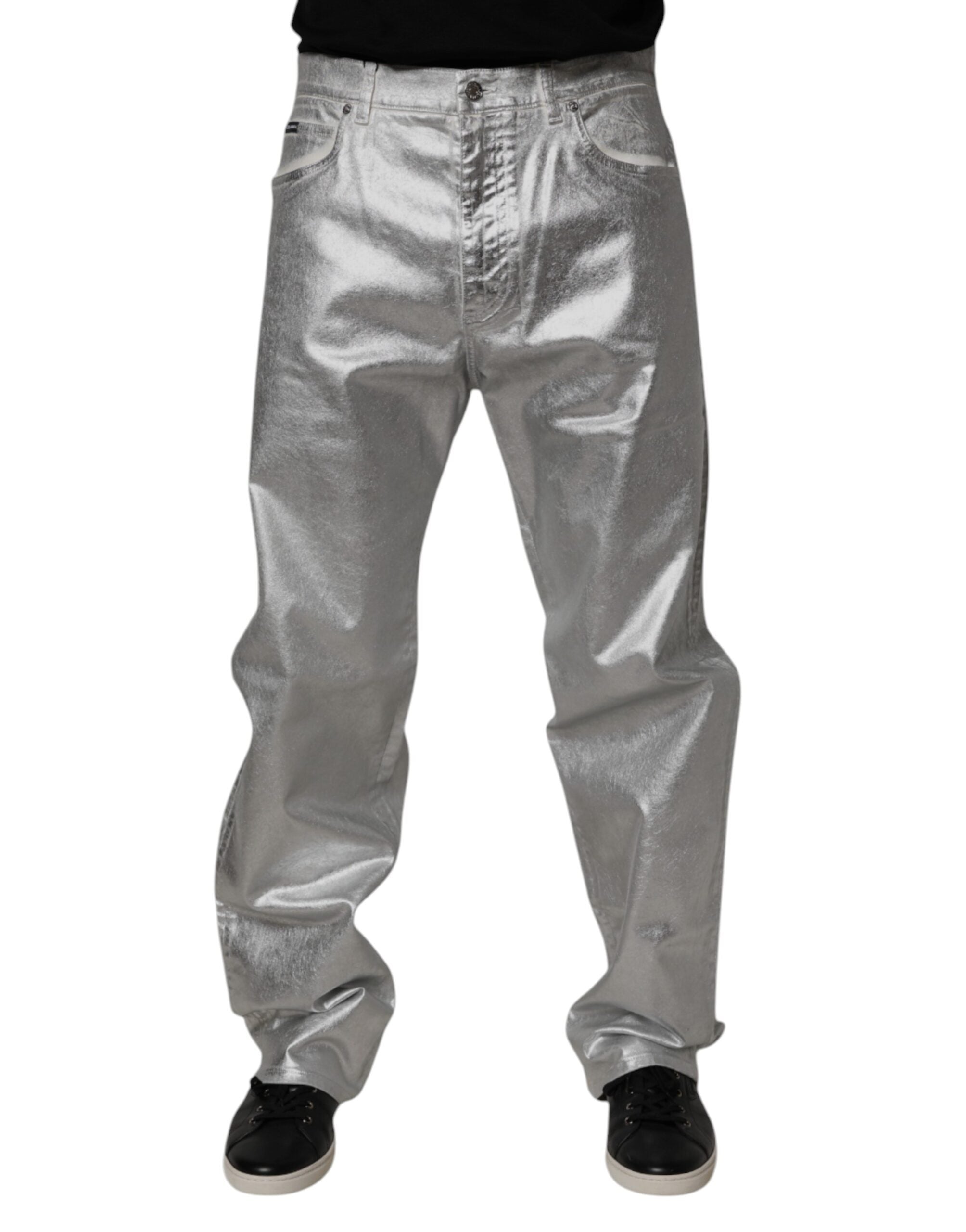 Metallic Silver Cotton Straight Denim Jeans